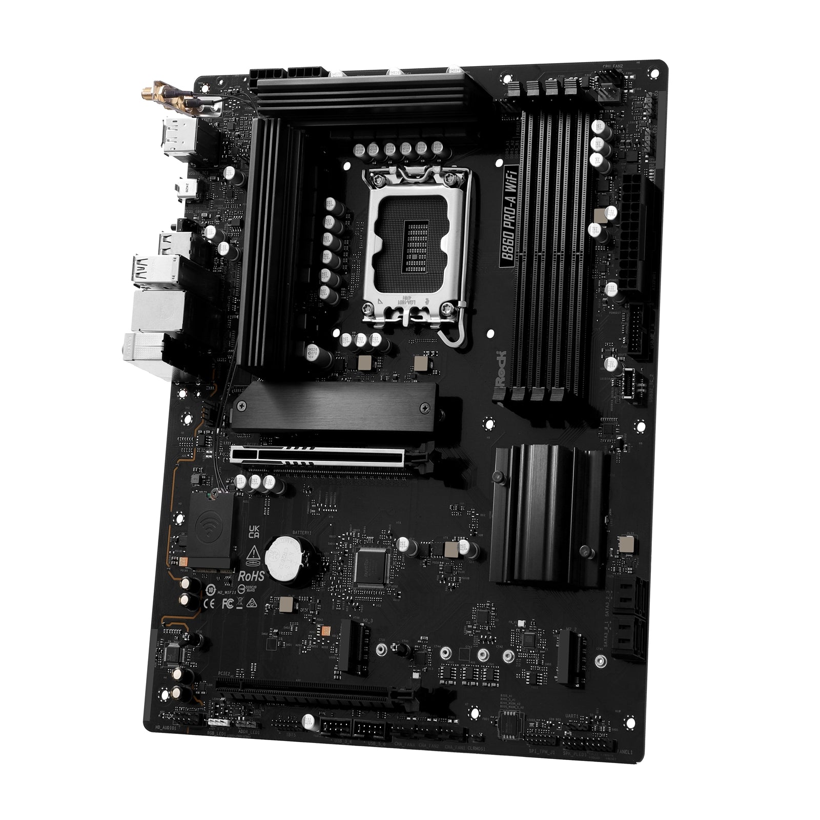 ASROCK B860 PRO-A WIFI motherboard with Intel B860 chipset, ATX, 4 DDR5 slots, HDMI, DP, Wi-Fi 6E, 2.5G LAN, and 3 M.2 slots.