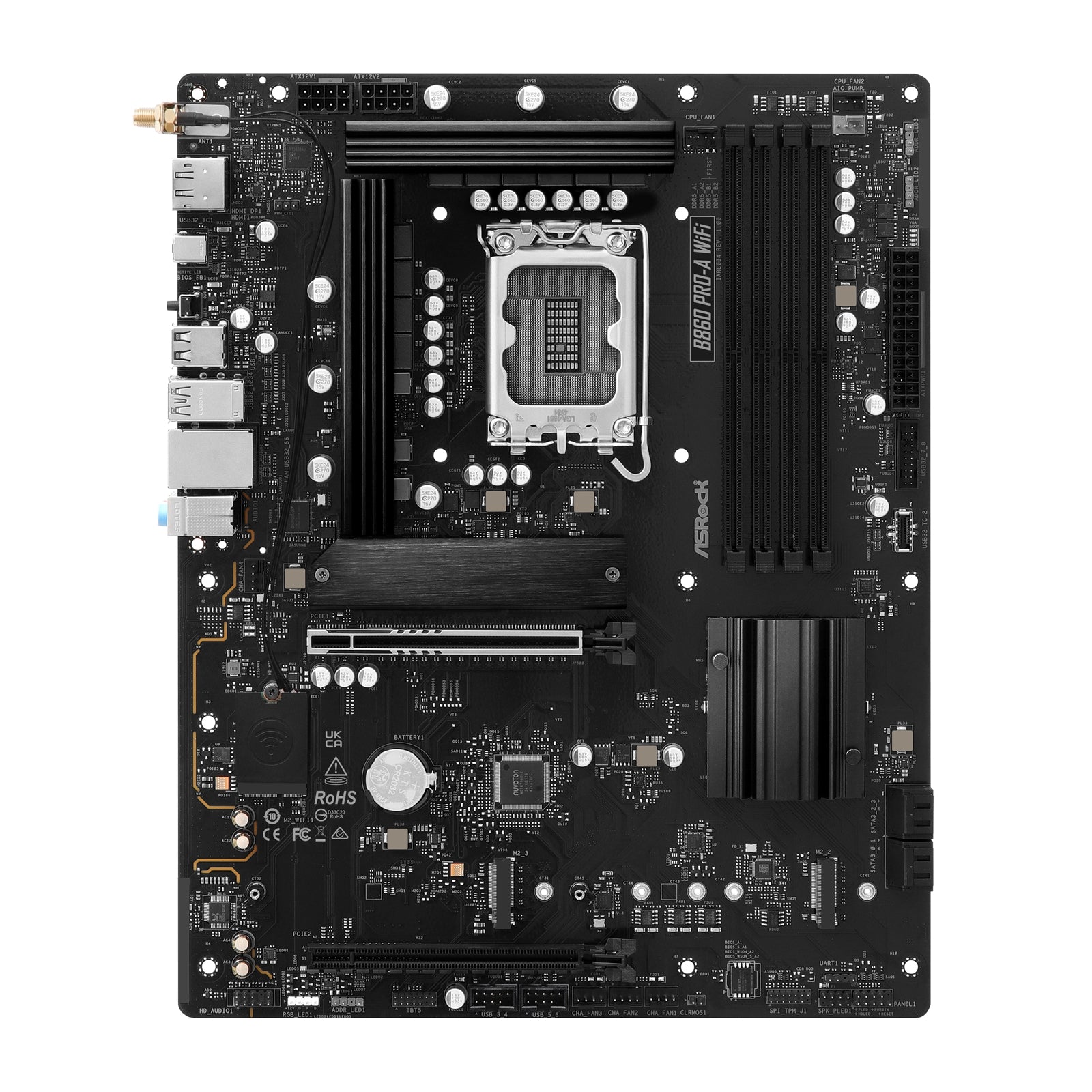 ASROCK B860 PRO-A WIFI motherboard with Intel B860 chipset, ATX form, 4 DDR5 slots, HDMI, DisplayPort, Wi-Fi 6E, 2.5G LAN, 3 M.2 slots