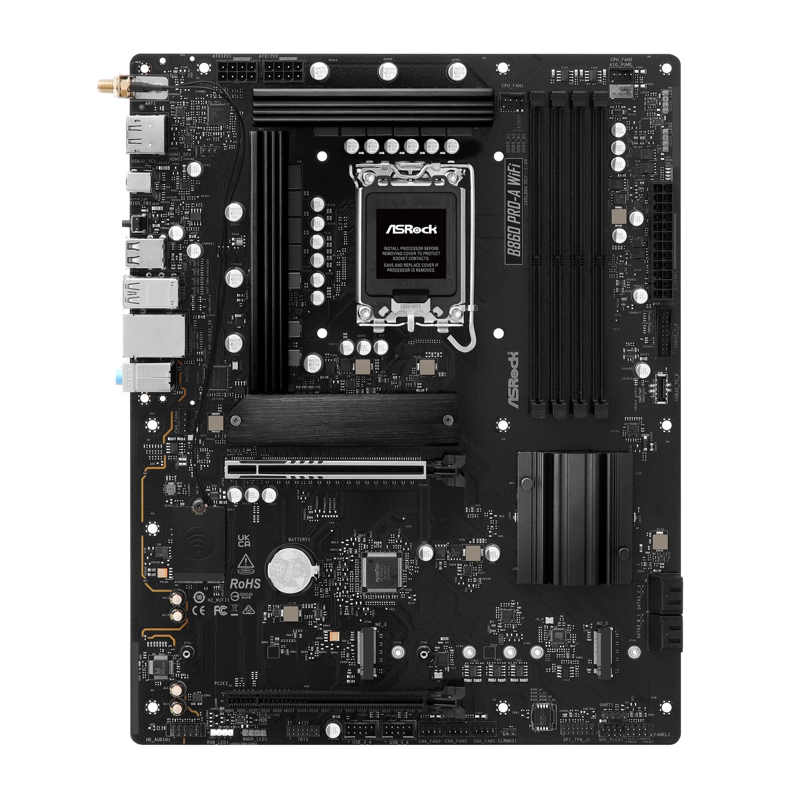 ASROCK B860 PRO-A WIFI motherboard with Intel B860 chip, ATX size, 4 DDR5 slots, HDMI, DisplayPort, Wi-Fi 6E, 2.5G LAN, 3 M.2 slots