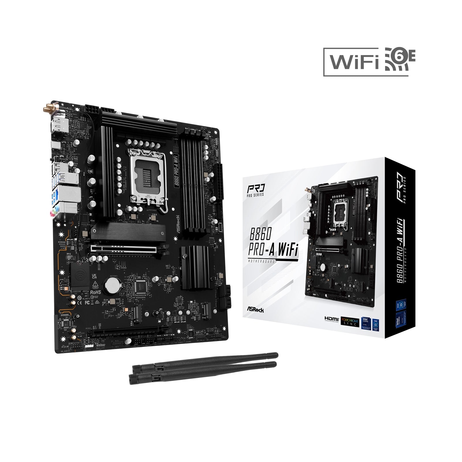 ASROCK B860 PRO-A WIFI motherboard with Intel B860 chipset, ATX form, 4 DDR5 slots, HDMI, DP, Wi-Fi 6E, 2.5G LAN, and 3 M.2 slots.