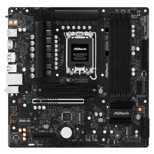 ASRock B860M PRO-A motherboard with Micro ATX form, 4 DDR5 slots, HDMI, DisplayPort, 2.5G LAN, and three M.2 slots.