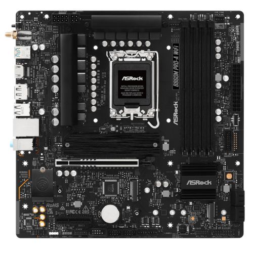 ASROCK B860M PRO-A WIFI motherboard with Micro ATX form, 4 DDR5 slots, HDMI, DP, Wi-Fi 6E, 2.5G LAN, and 3 M.2 slots.