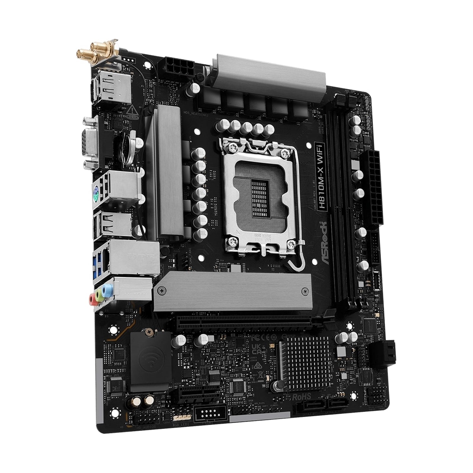 ASRock H810M-X WIFI Intel Socket 1851 Motherboard, 2 x DDR5 DIMM Slots, 1 x M.2 Socket (Key E), 1 x USB 3.2 Type-C, 2.5G LAN, 802.11ac Wi-Fi Module, 1 x HDMI Port/ 1 x Display Port