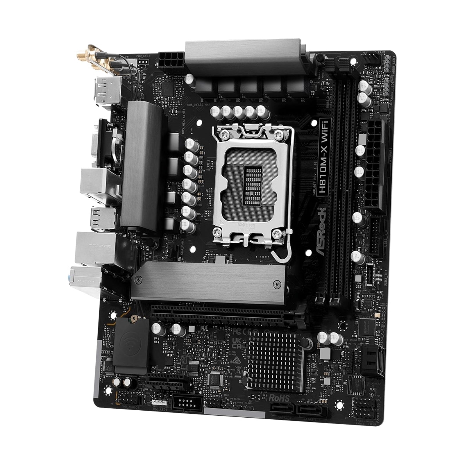 ASRock H810M-X WIFI Intel Socket 1851 Motherboard, 2 x DDR5 DIMM Slots, 1 x M.2 Socket (Key E), 1 x USB 3.2 Type-C, 2.5G LAN, 802.11ac Wi-Fi Module, 1 x HDMI Port/ 1 x Display Port