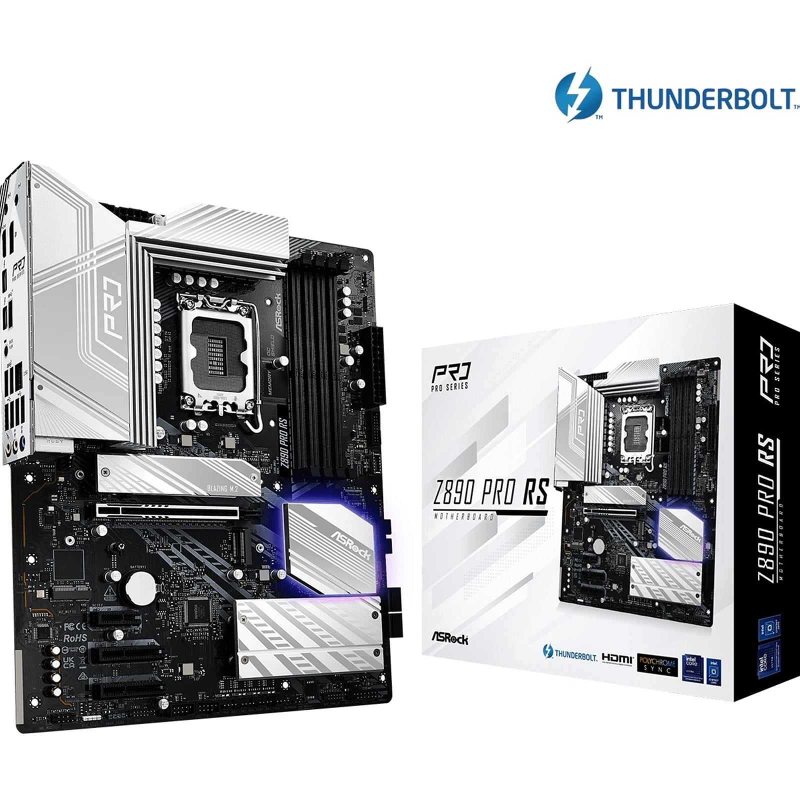 ASROCK Z890 PRO RS motherboard with Intel Z890 chipset, ATX size, 4 DDR5 slots, HDMI, DisplayPort, M.2 slots, RGB lighting, 2.5G LAN