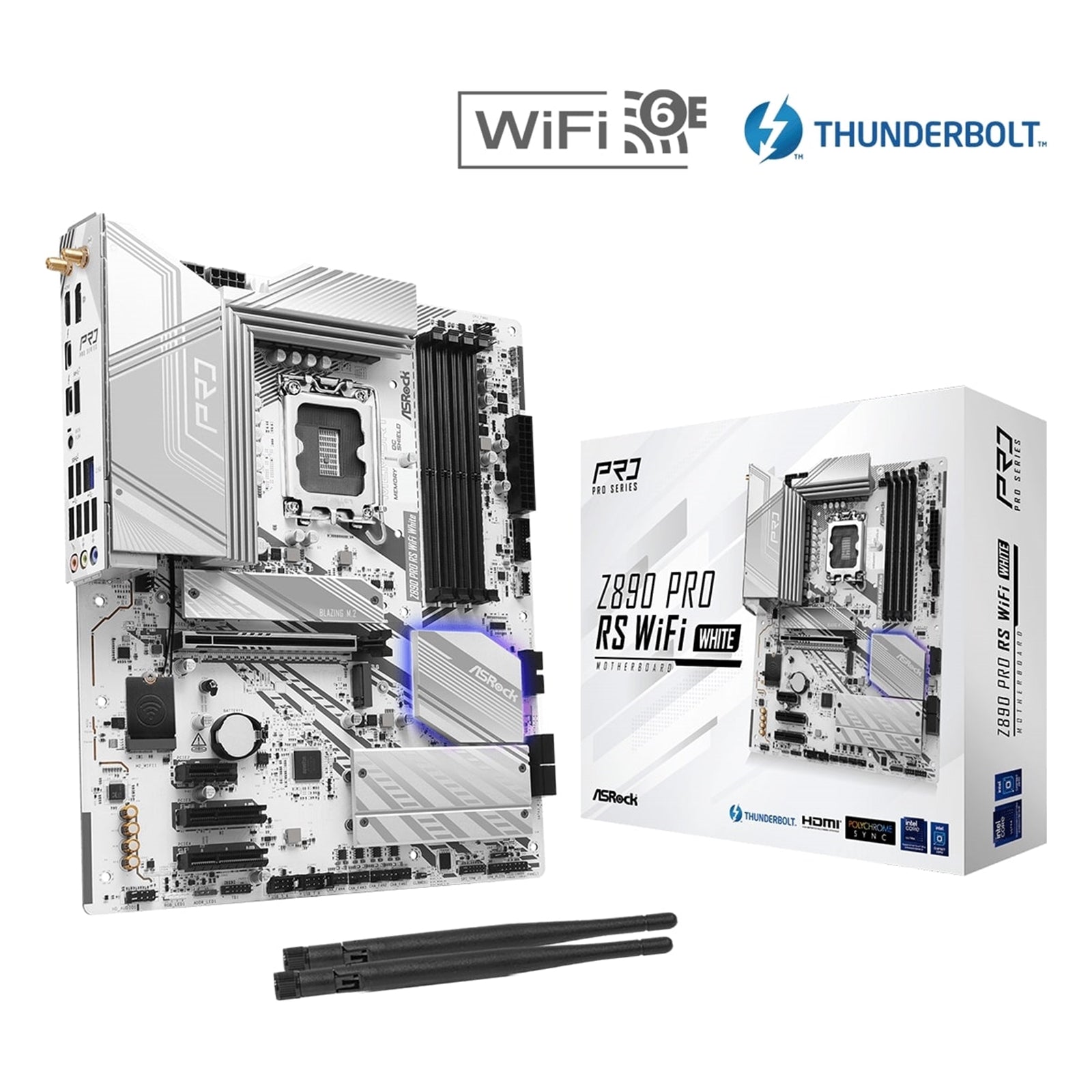 ASRock Z890 PRO RS WIFI WHITE motherboard with Intel Z890, ATX, 4 DDR5 slots, HDMI, DP, Wi-Fi 6E, RGB, 2 M.2 slots.