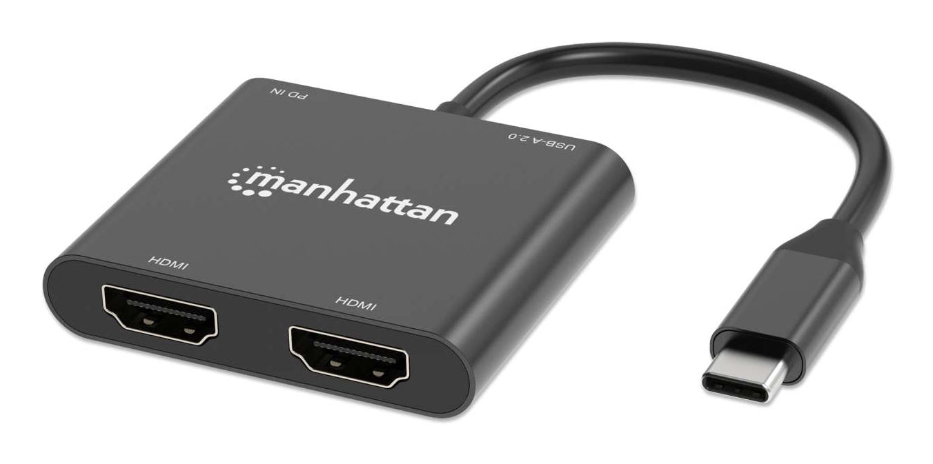 Manhattan USB-C to Dual HDMI & USB-A Adapter, Dual 4K@30Hz or Single 4K@60Hz, Power Delivery 100W, 480 Mbps (USB 2.0), Cable 15cm, Black