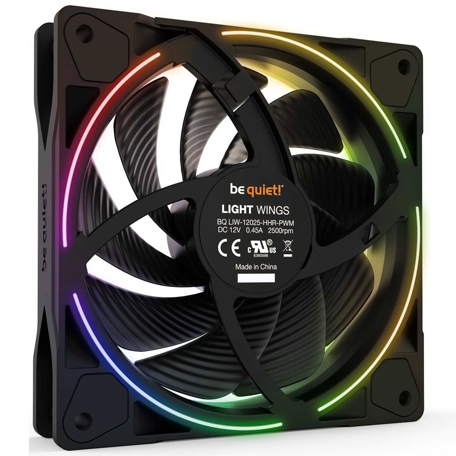be quiet! Light Wings PWM High Speed Addressable RGB Fan, 120mm, 2500RPM, 4-Pin PWM Fan & 3-Pin ARGB Connectors, Black Frame, Black Blades, ARGB Lighting on Front & Rear - North East Peripherals Ltd