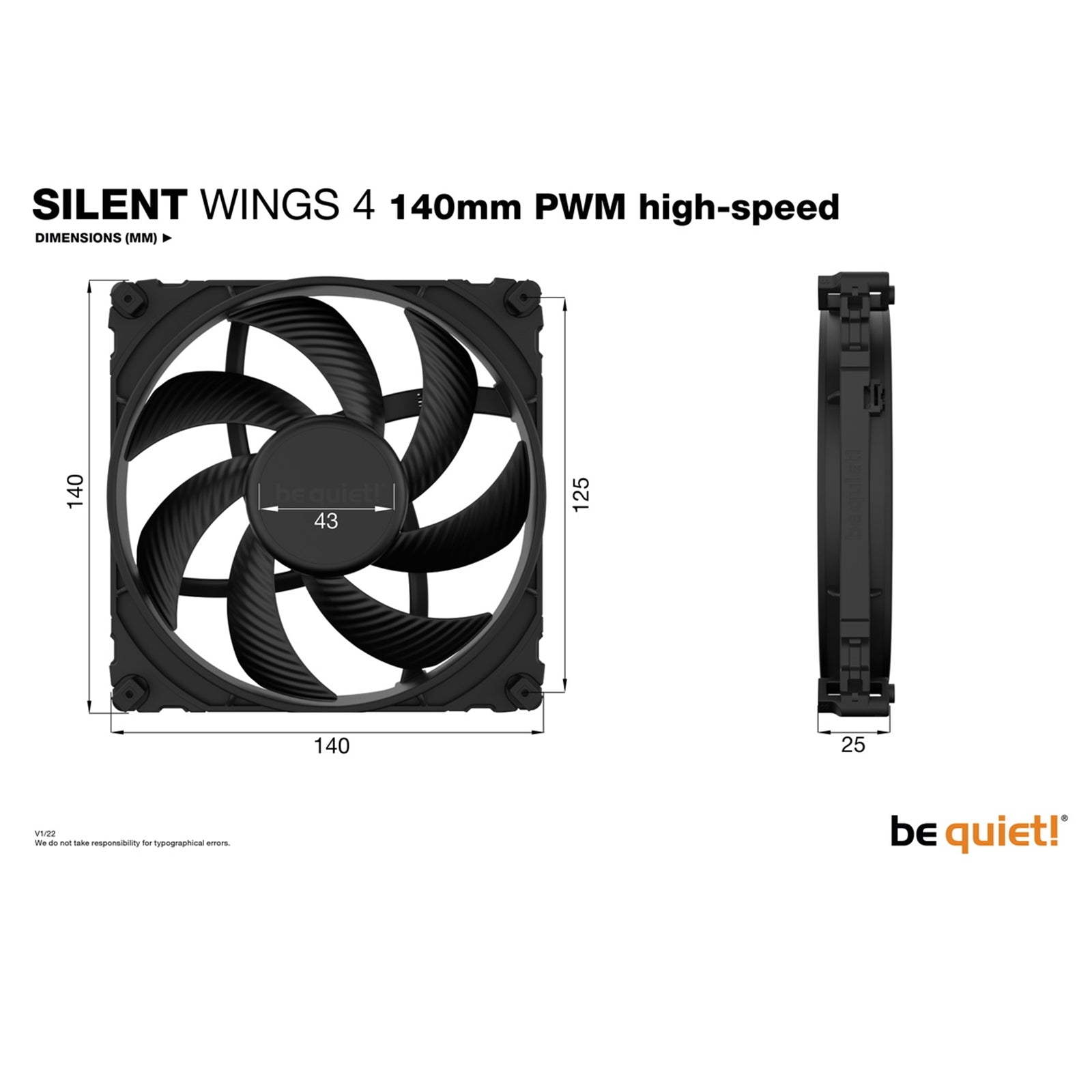 be quiet! Silent Wings 4 PWM High Speed Black Fan, 140mm, 1900RPM, 4-Pin PWM Fan Connector, Black Frame, Black Blades, Optimized Fan Blades for High End Performance, 2 Mounting Options - North East Peripherals Ltd