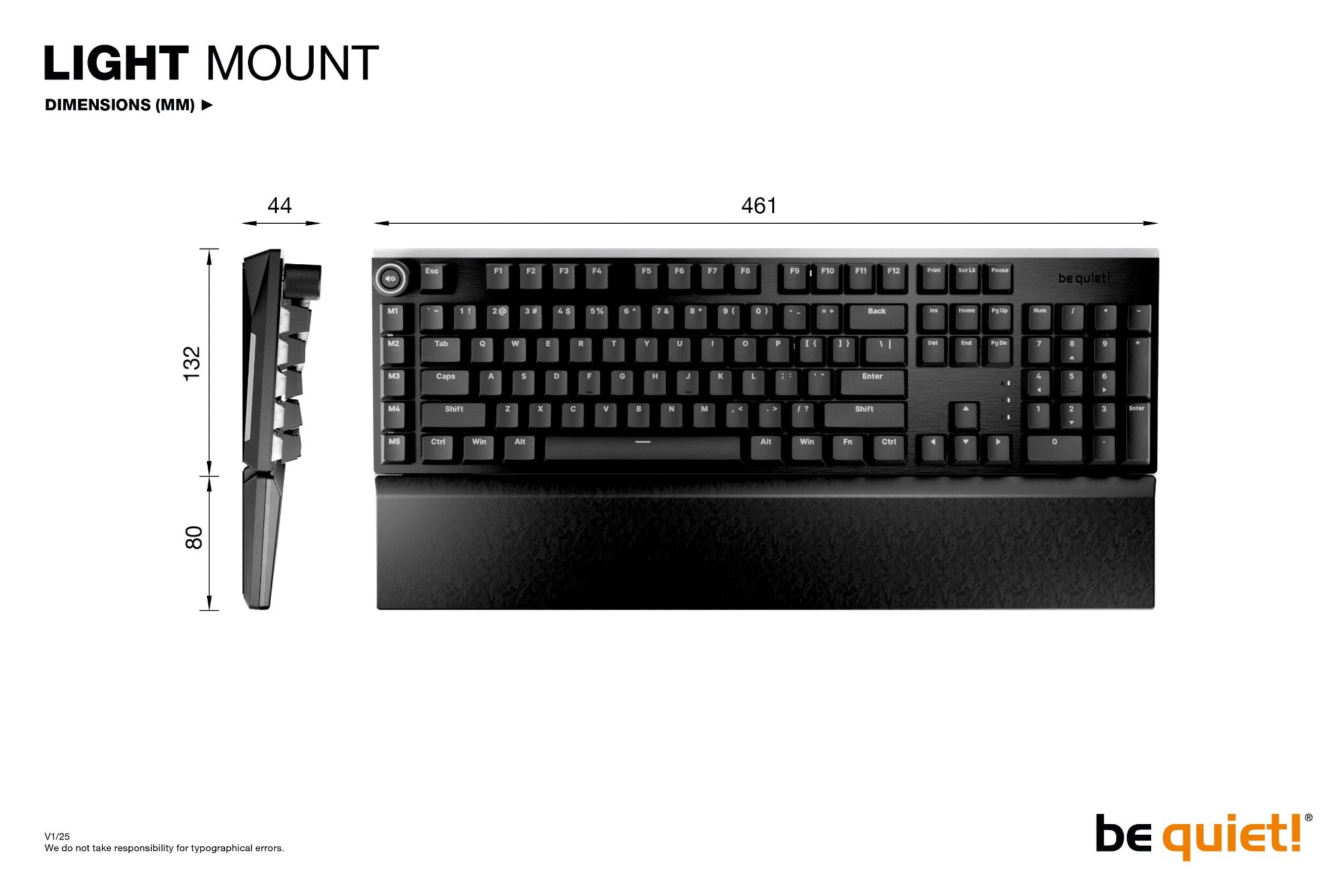 Be Quiet! Light Mount Silent Tactile ARGB Mechanical Keyboard, 3D Media Wheel, 5 Macro Keys, silent keystrokes, hot-swappable 5-pin MX-style switch socket
