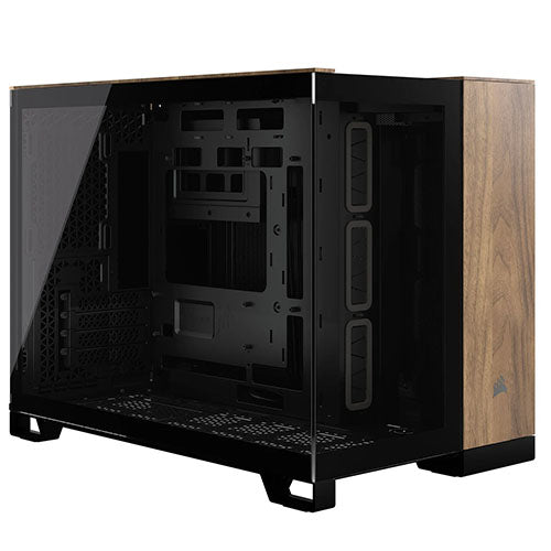 Corsair 2500X Dual Chamber Gaming Case w/ Glass Side & Front, Micro ATX, Mesh Panels, USB-C, Asus BTF Compatible, Black/Walnut Wood - North East Peripherals Ltd