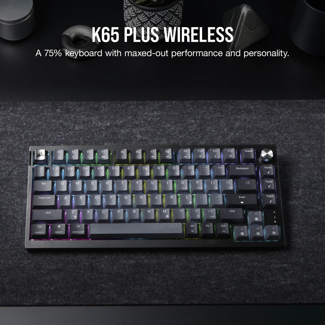 Corsair K65 PLUS Wireless Compact 75% Mechanical RGB Gaming Keyboard, Wireless/Btooth/USB, MLX Red Linear Switches, Sound Dampening, Black