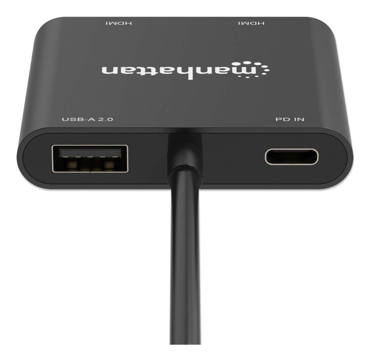 Manhattan USB-C to Dual HDMI & USB-A Adapter, Dual 4K@30Hz or Single 4K@60Hz, Power Delivery 100W, 480 Mbps (USB 2.0), Cable 15cm, Black