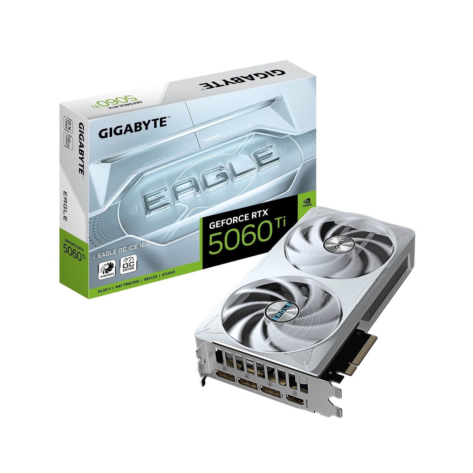 GIGABYTE NVIDIA GeForce RTX 5060 Ti Eagle OC ice graphics card with dual fans, 16GB GDDR7, 4608 CUDA cores, and multiple display ports.