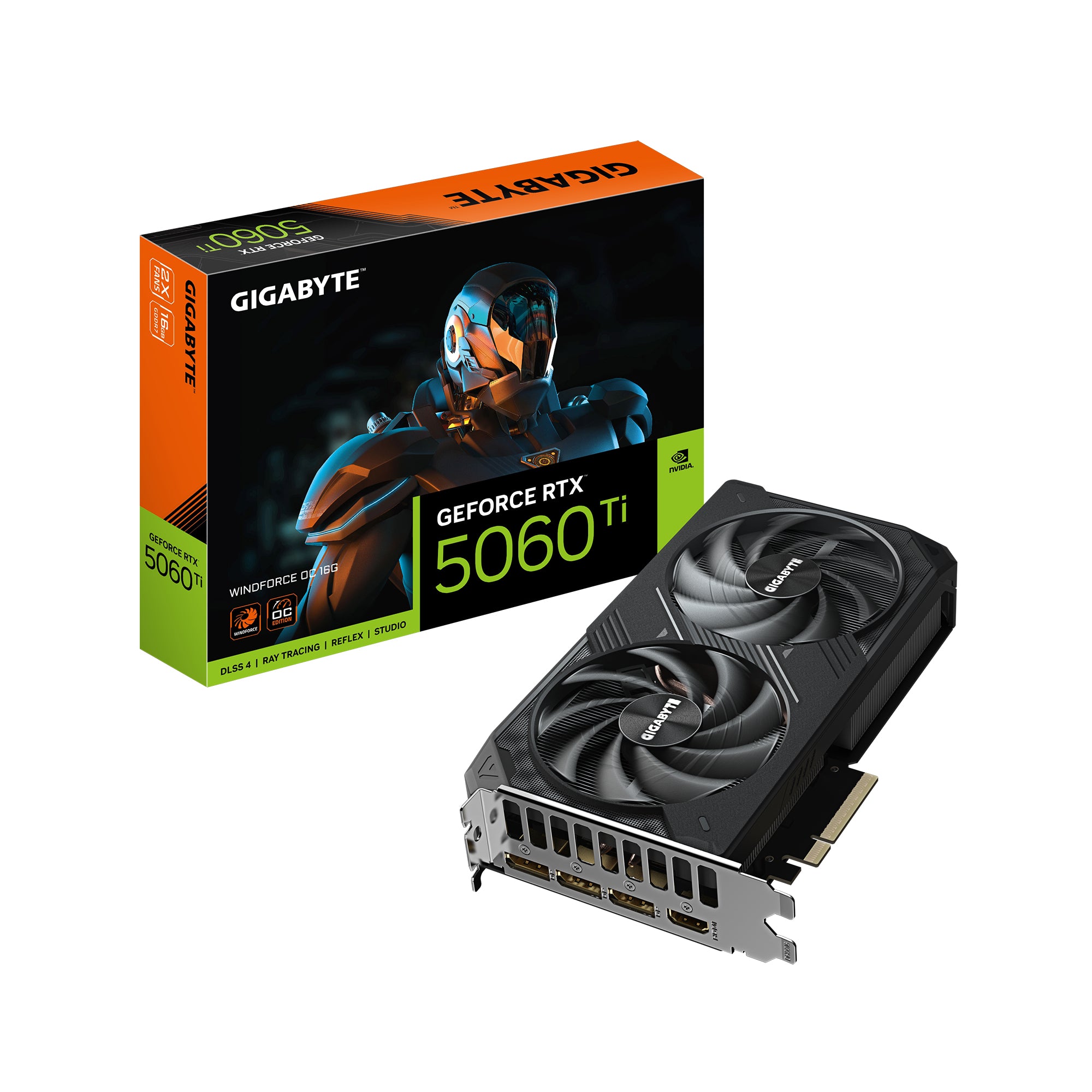 GIGABYTE NVIDIA GeForce RTX 5060 Ti Windforce OC 16GB GDDR7 graphics card with dual fans, 3 DisplayPorts, and HDMI port.