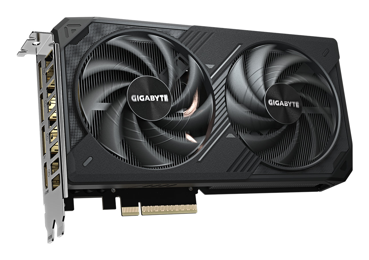 GIGABYTE NVIDIA GeForce RTX 5060 Ti Windforce OC graphics card with dual fans, 16GB GDDR7, 4608 CUDA cores, and multiple display ports.