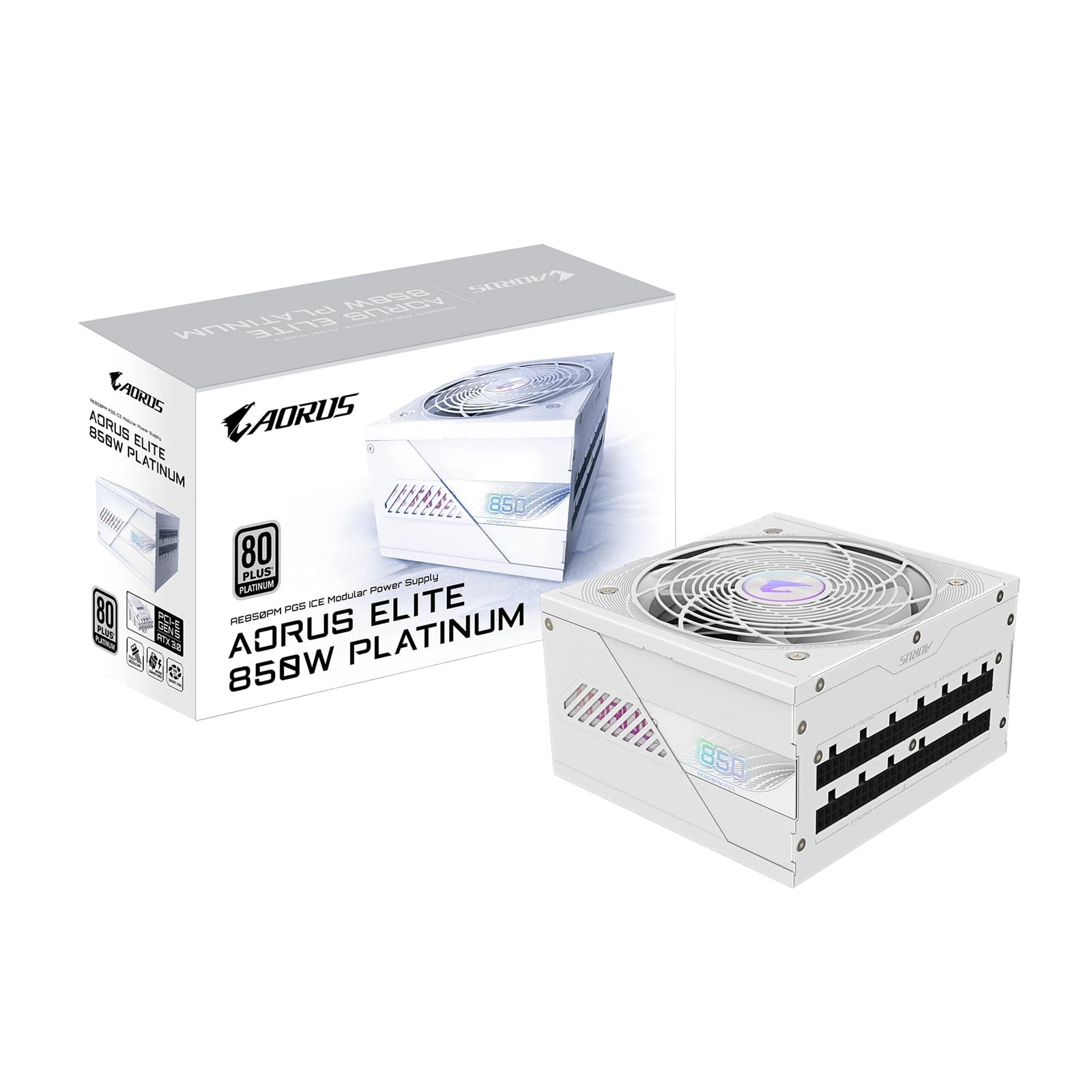 GIGABYTE AORUS ELITE ICE 850W White fully modular power supply with 80 PLUS Platinum efficiency and silent 120mm fan.