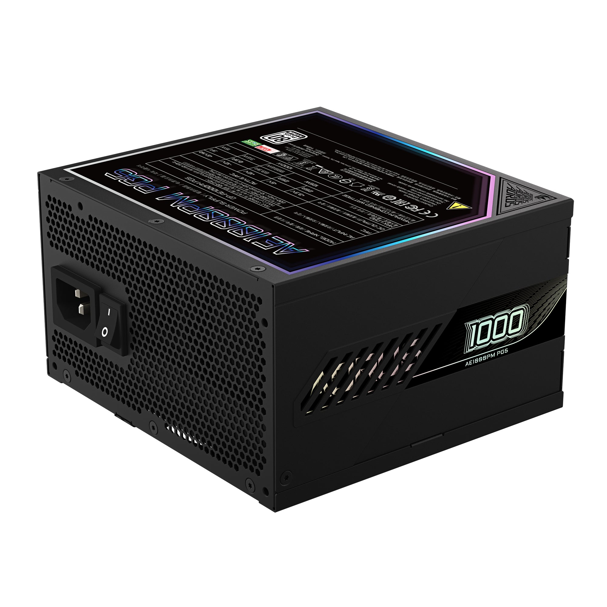 GIGABYTE AORUS ELITE P1000W 80+ Platinum modular power supply with PCIe 5.0, compact design, quiet 120mm fan, fully modular.