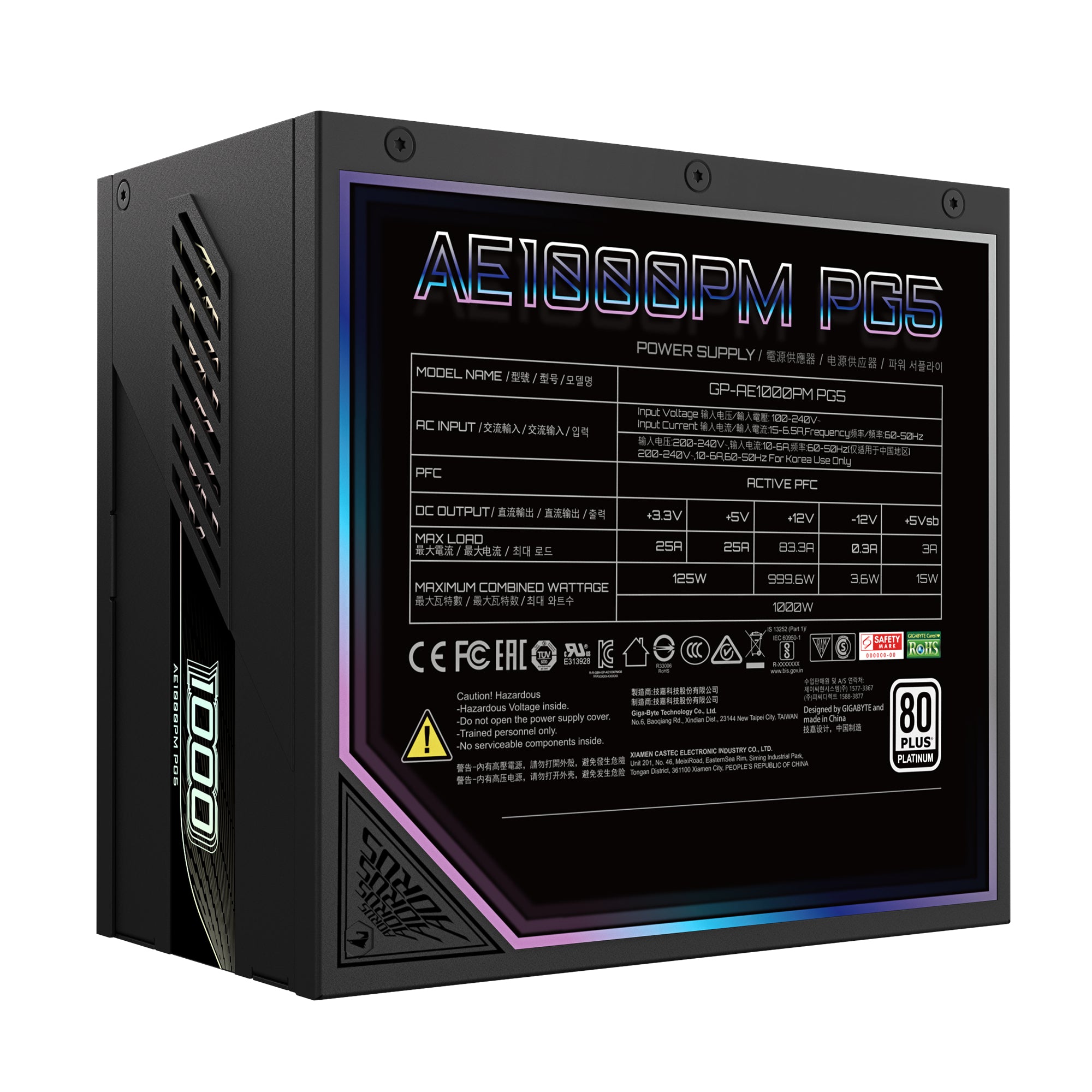 GIGABYTE AORUS ELITE P1000W 80+ Platinum modular power supply with PCIe 5.0, compact design, quiet 120mm fan, fully modular.