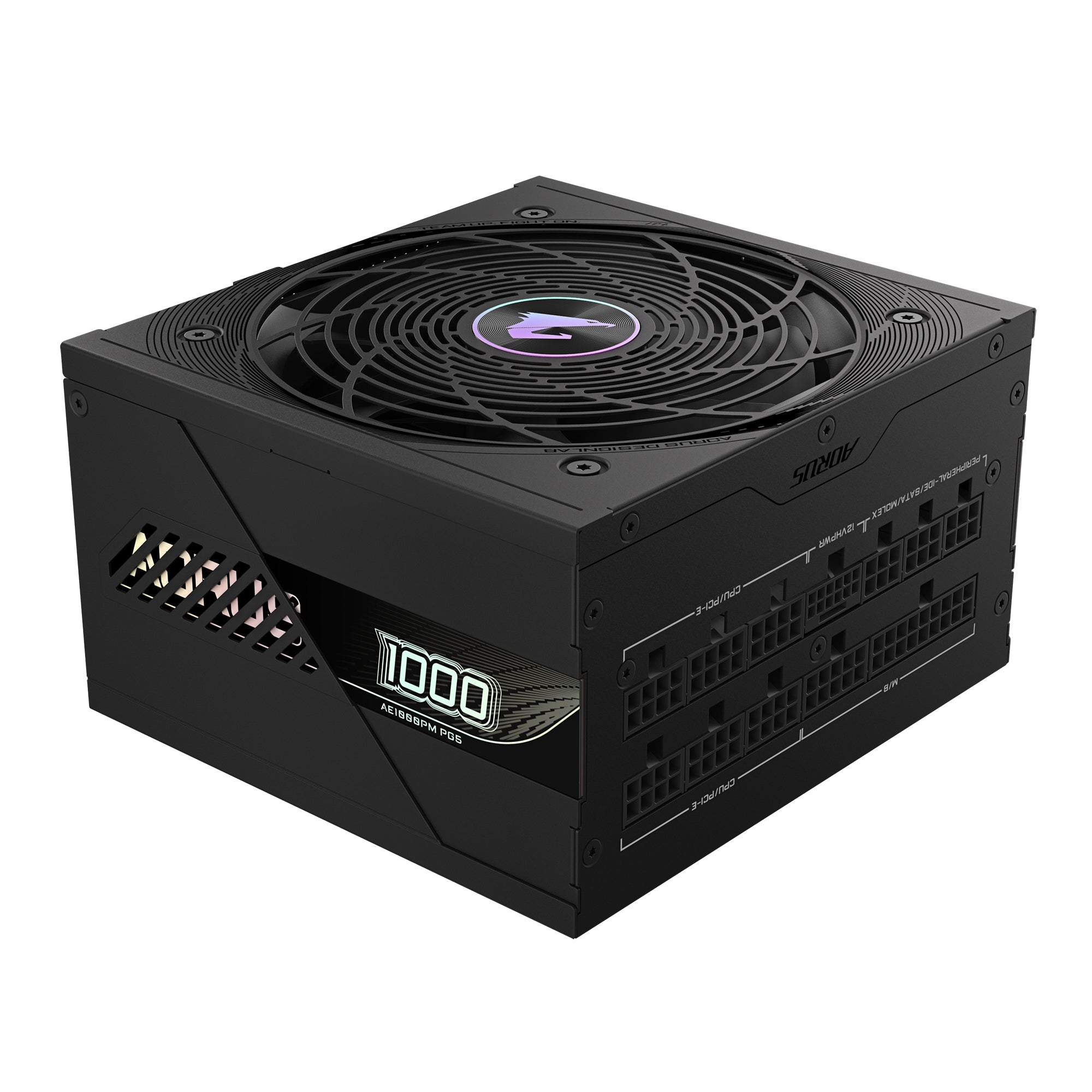GIGABYTE AORUS ELITE P1000W 80+ Platinum modular power supply with PCIe 5.0, fully modular design, quiet 120mm fan, compact size.