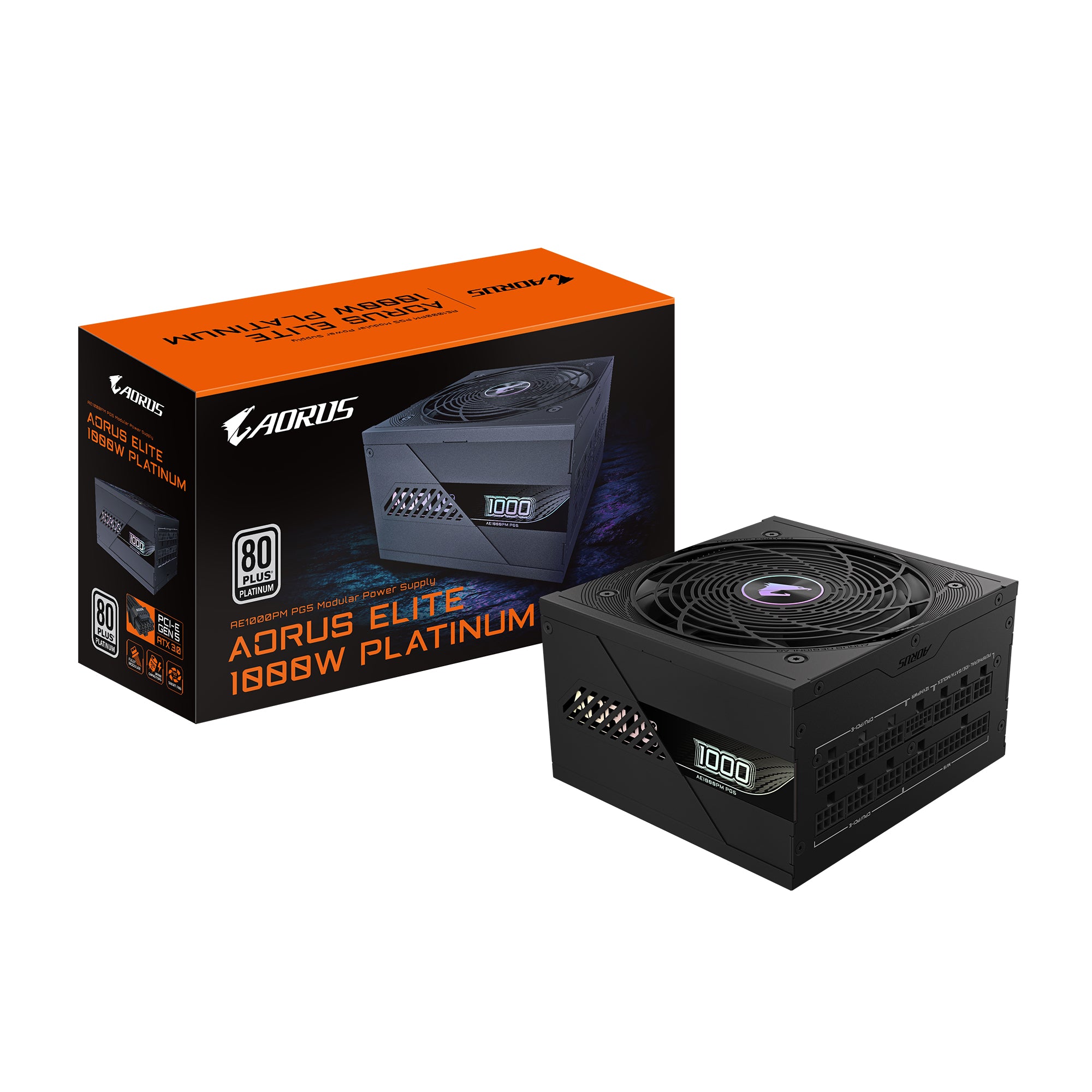 GIGABYTE AORUS ELITE P1000W 80+ Platinum modular power supply with PCIe 5.0, ATX 3.0, quiet 120mm fan, compact design