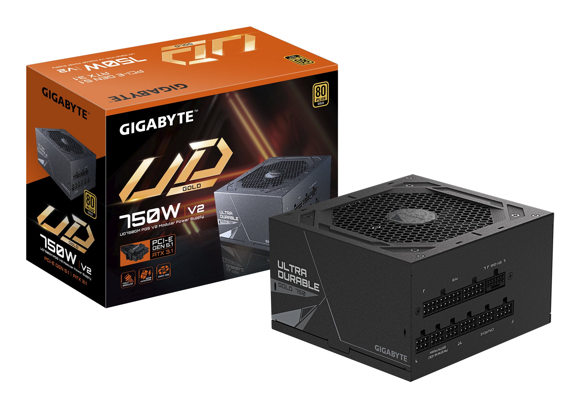 GIGABYTE GP-UD750GM 750W V2, 80 Plus Gold Certified Fully Modular Power Supply, PCIe Gen 5.1, 80 PLUS Gold, Fully Modular Design, 120mm Fan, ATX 3.1 compatible, UK Plug