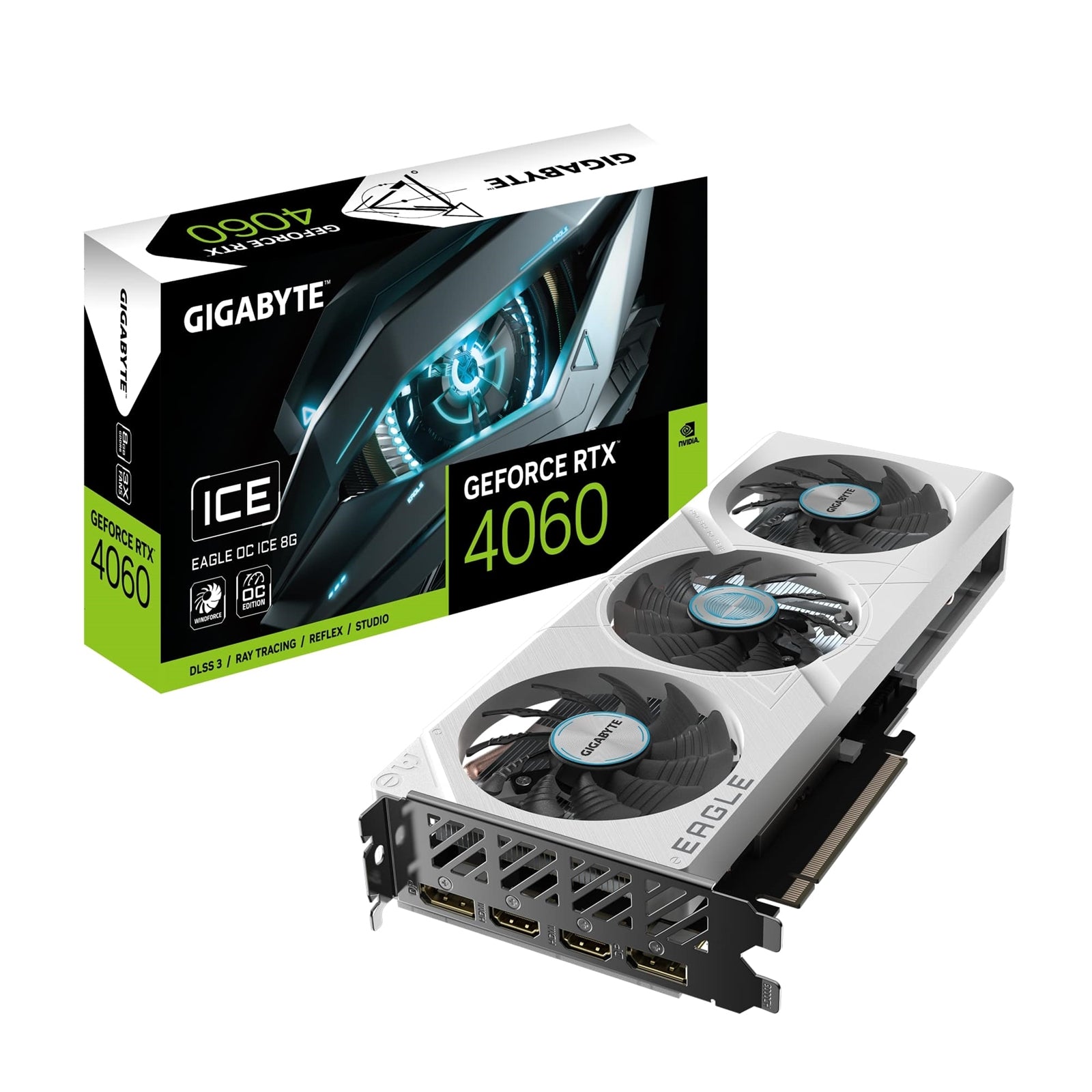 Gigabyte NVIDIA GeForce RTX 4060 EAGLE OC ICE 8G Graphics Card, 8GB GDDR6, 3072 CUDA Cores, 2505 MHz Core Clock, Triple Fan, White, 2x DisplayPorts / 2x HDMI Ports