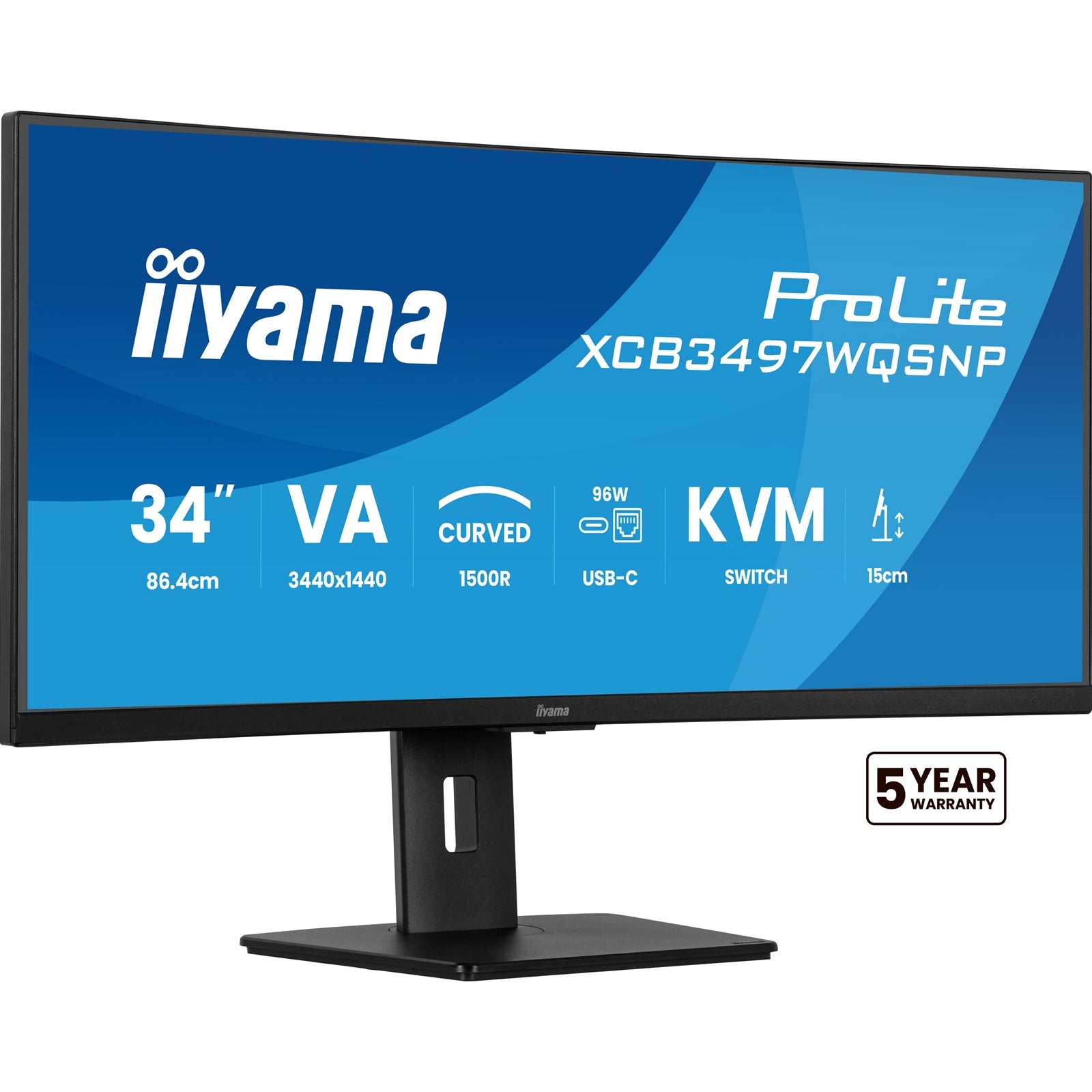 iiyama ProLite Curved Monitor XCB3497WQSNP-B1 34" VA Ultra-Wide Screen with KVM Switch, LAN, USB-C Dock, 0.4ms, 120Hz, HDMI, DisplayPort, Speakers, Height Adjustment