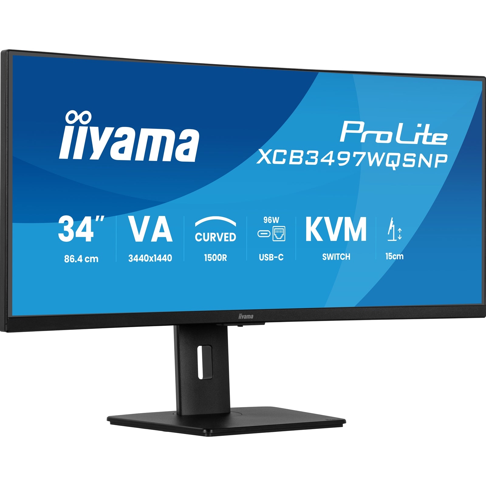 iiyama ProLite Curved Monitor XCB3497WQSNP-B1 34" VA Ultra-Wide Screen with KVM Switch, LAN, USB-C Dock, 0.4ms, 120Hz, HDMI, DisplayPort, Speakers, Height Adjustment