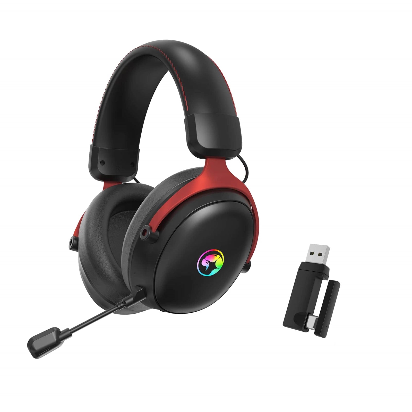 Marvo Scorpion HG9076W RGB Gaming Headset in black with USB-C and Bluetooth connectivity on a white background.