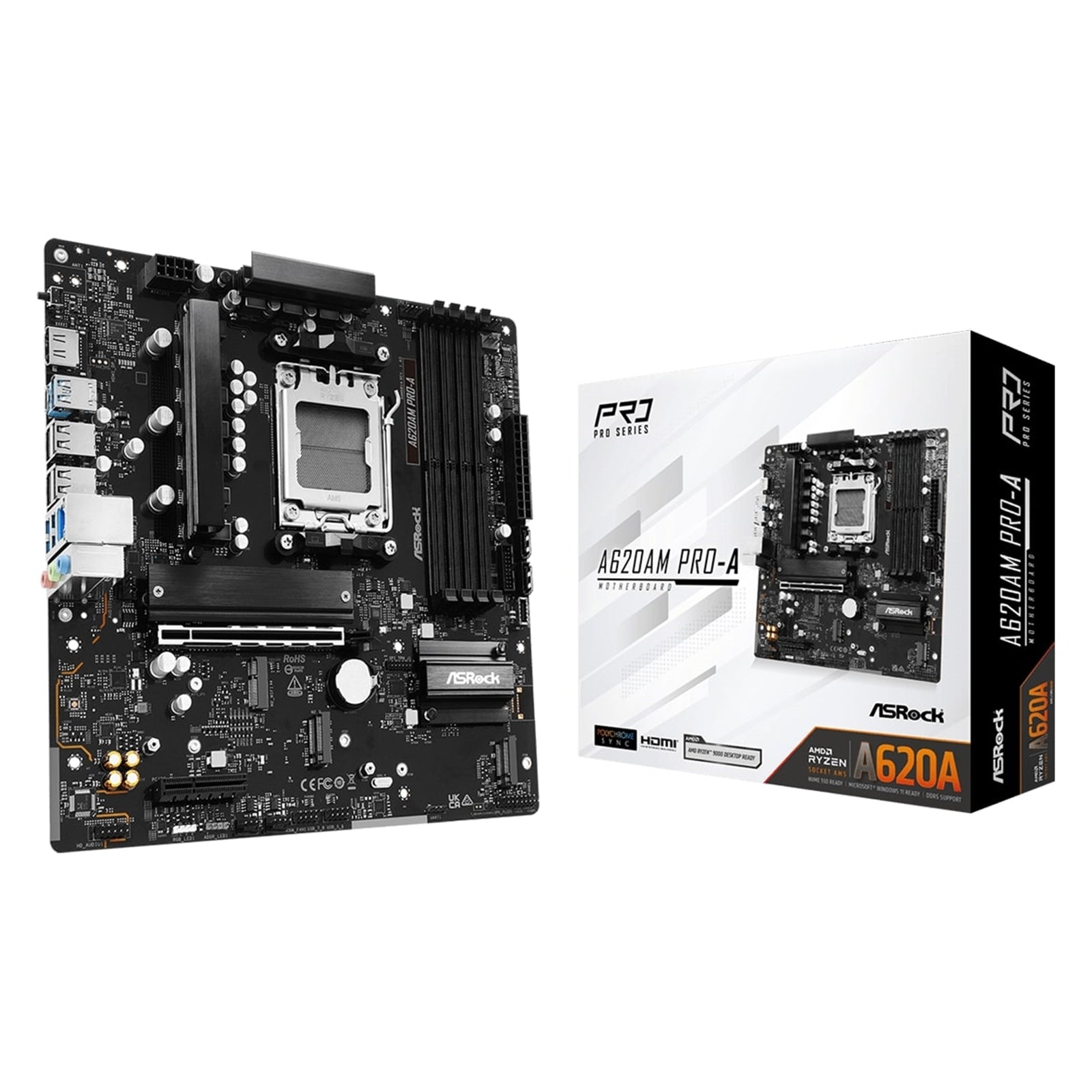 ASRock A620AM PRO-A  AMD Socket AM5 Motherboard, 4 x DDR5 DIMM Slots, 1 x M.2 Socket (Key E), 2 x USB 3.2 Type-C, 2.5G LAN, 1 x HDMI Port