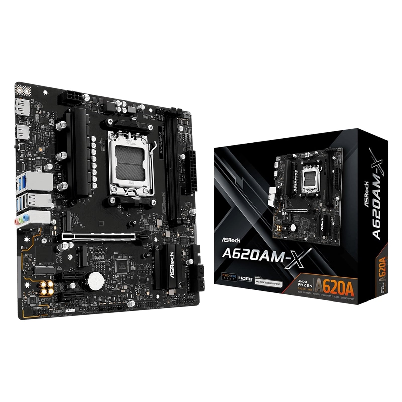 ASRock  A620AM-X AMD Socket AM5 Motherboard, 2 x DDR5 DIMM Slots, 1 x M.2 Socket (Key E), 3 x USB 3.2 Type-C, 2.5G LAN, 1 x HDMI Port/ 1 x Display Port