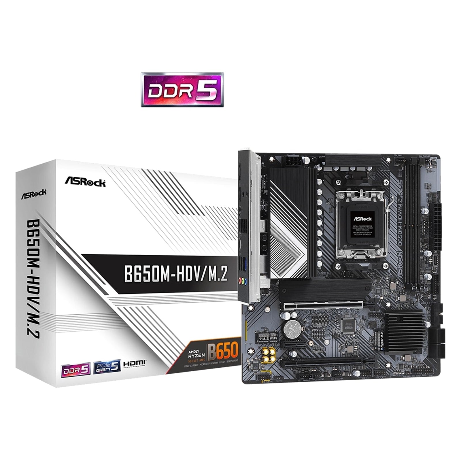 ASRock B650M-HDV/M.2 AMD AM5 Socket Motherboard, Micro-ATX, 2x DDR5 Slots, 3x M.2 Sockets, 2x USB-C Port, Fitted I/O Shield, 2.5GbE LAN, 1x DisplayPort / 1x HDMI Port