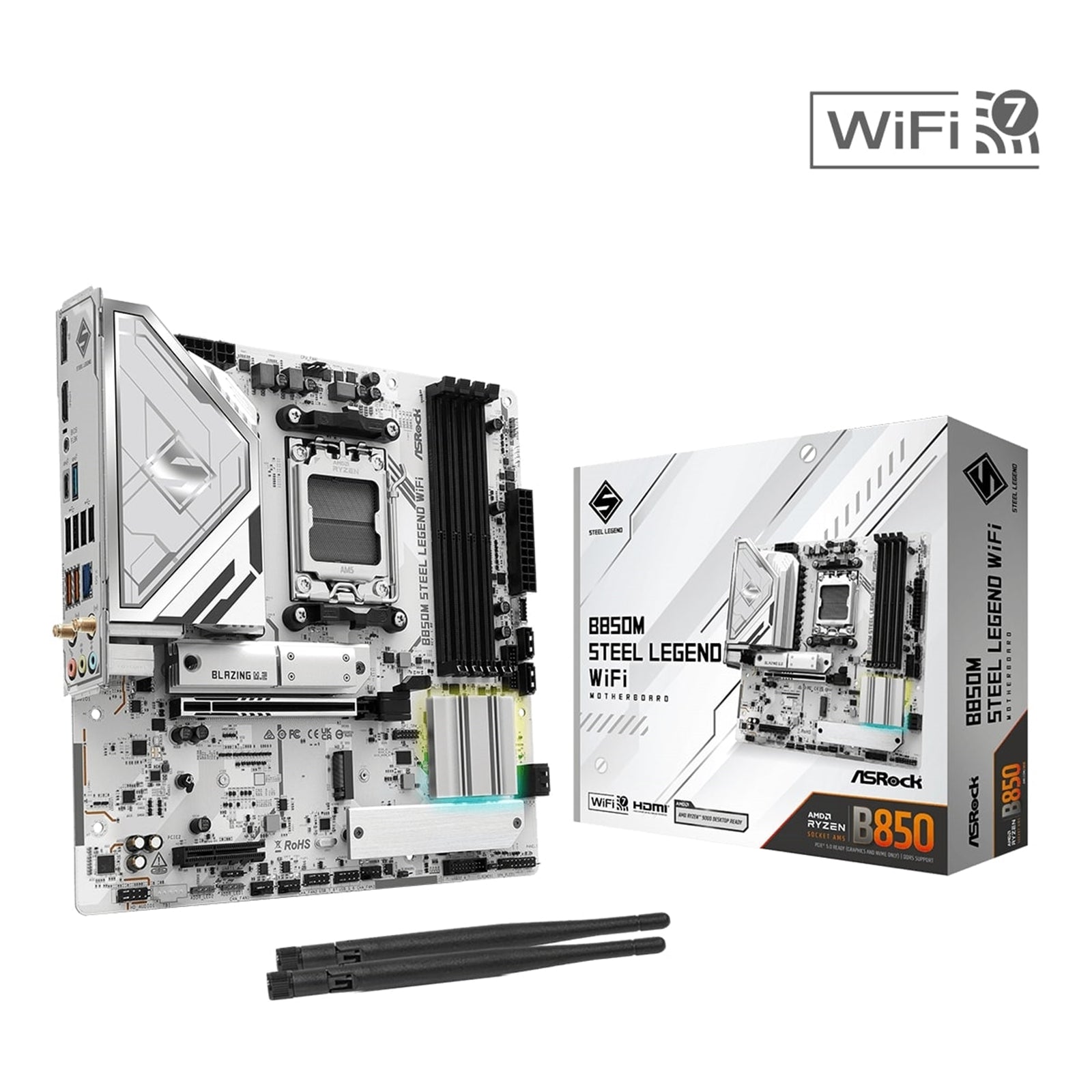 ASRock B850M Steel Legend WiFi AMD AM5 Socket Motherboard, Micro-ATX, 4x DDR5 Slots, 3x M.2 Sockets, 2x USB-C Port, Fitted I/O Shield, 2.5GbE LAN, Wi-Fi 7, 1x DisplayPort / 1x HDMI Port