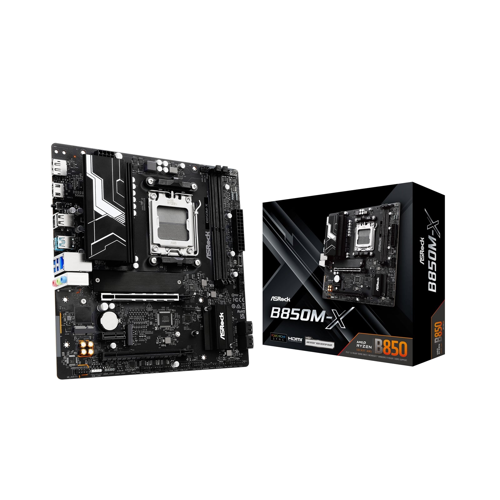 ASRock B850M-X AMD AM5 Socket Motherboard, Micro-ATX, 2x DDR5 Slots, 2x M.2 Sockets, 1x USB-C Port, 2.5GbE LAN, 1x DisplayPort / 1x HDMI Port