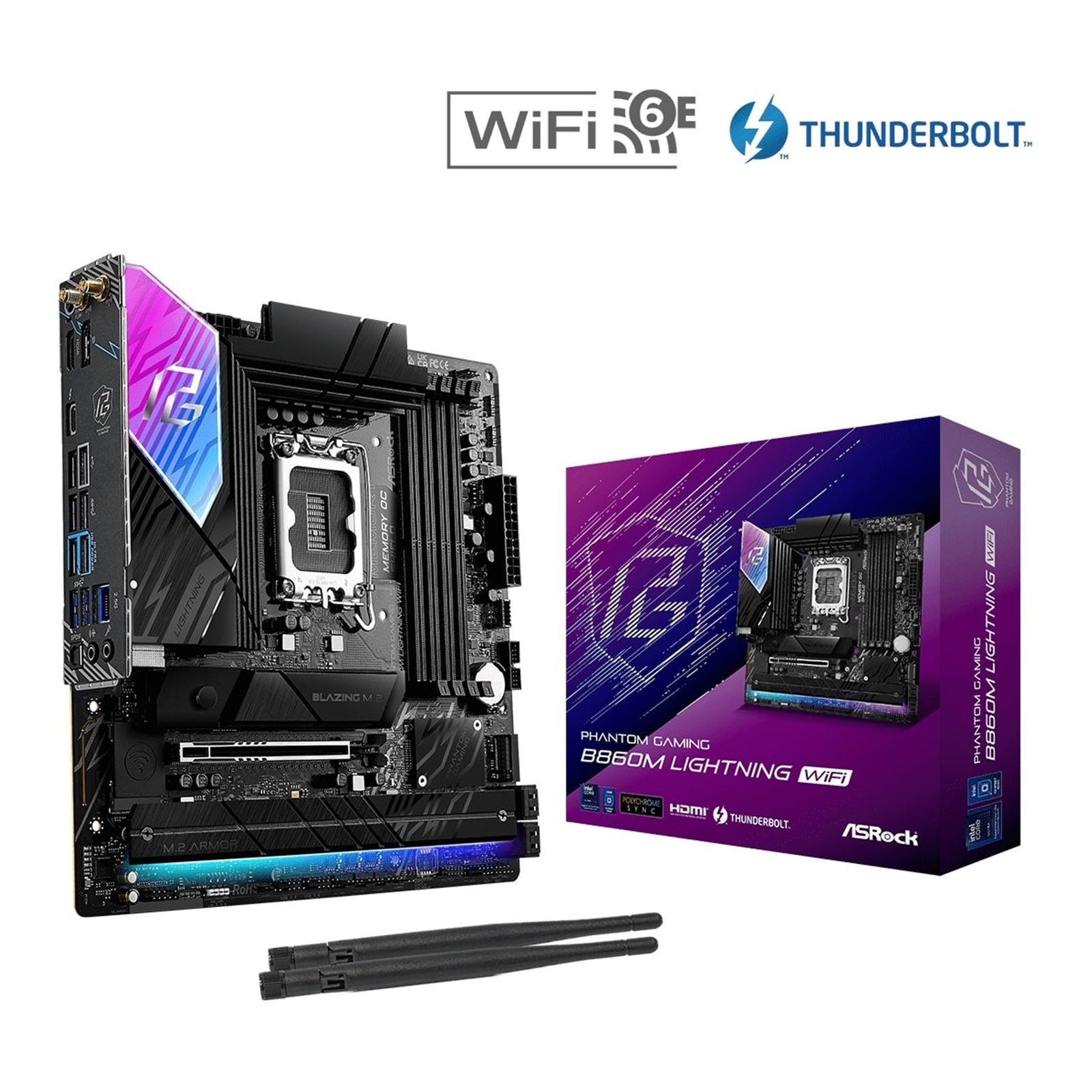 ASRock B860M Lightning WiFi PHANTOM GAMING Intel 1851 Socket Motherboard, Micro-ATX, 4x DDR5 Slots, 4x M.2 Sockets, 2x USB-C Port, Fitted I/O Shield, 2.5GbE LAN, Wi-Fi 6E, 1x DisplayPort / 1x HDMI / 1x USB-C (USB4)