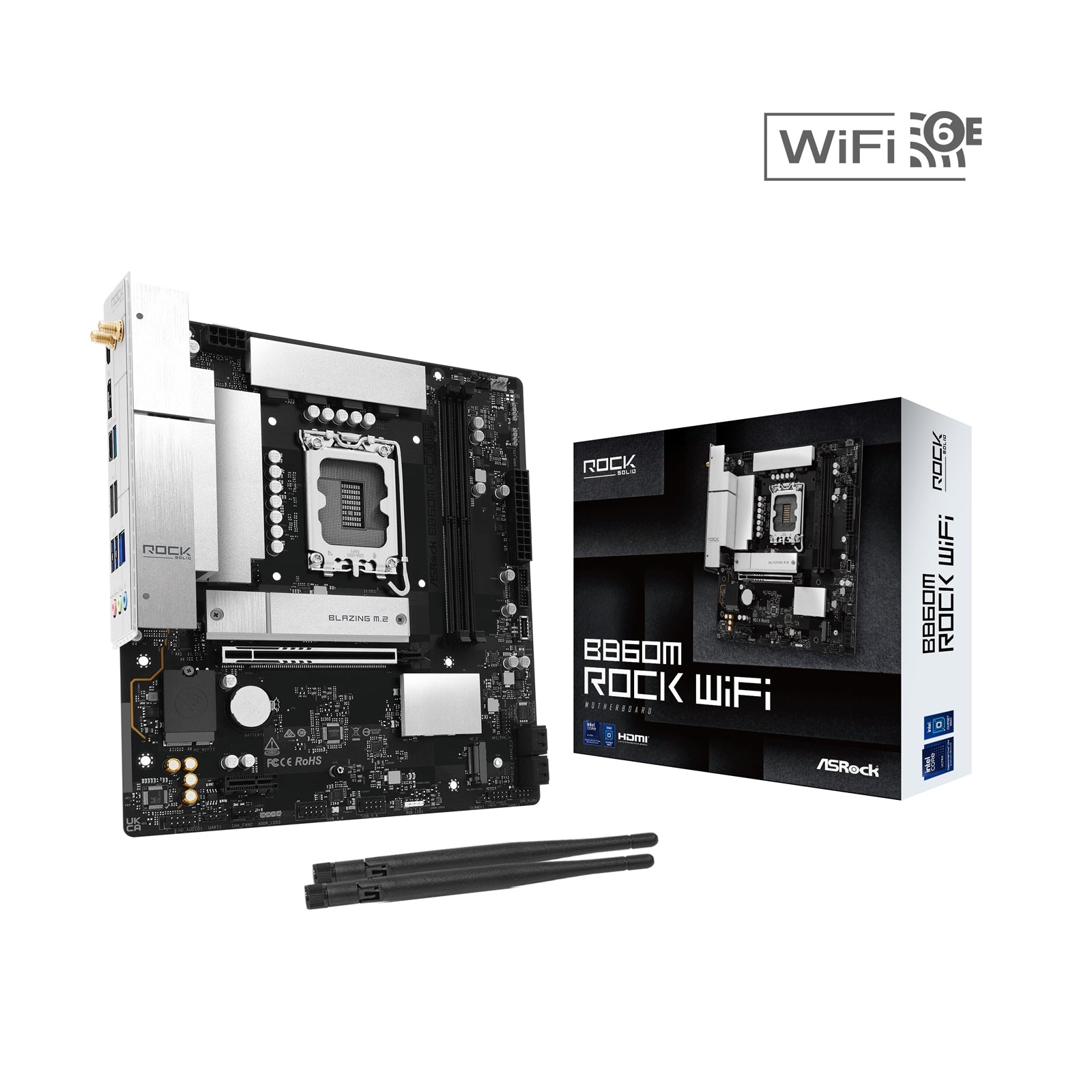 ASRock B860M Rock WiFi Intel motherboard with Micro-ATX form, DDR5 slots, M.2 sockets, I/O shield, Wi-Fi 6E, 2.5GbE LAN, DisplayPort and HDMI