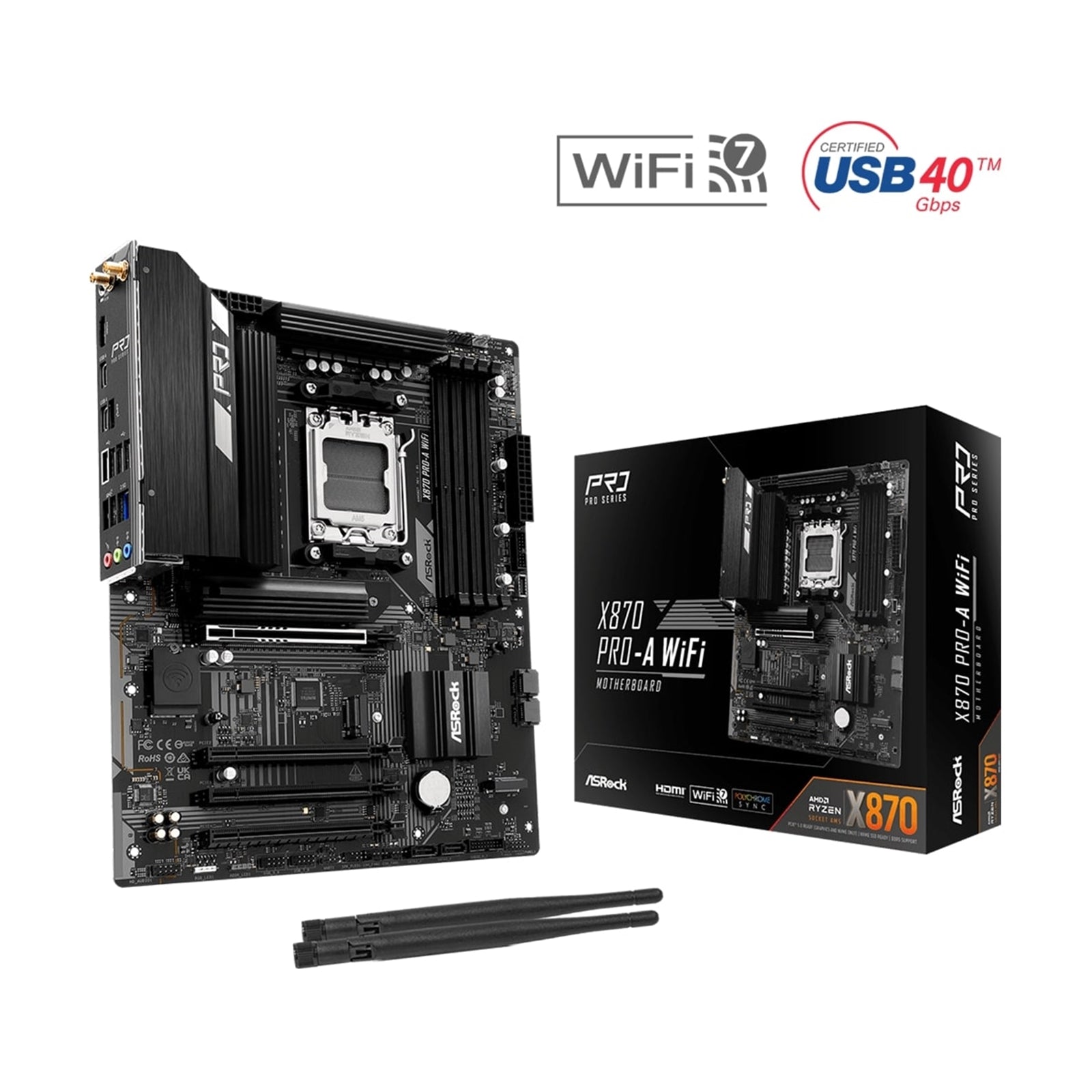 ASRock X870 Pro-A WiFi AMD AM5 Socket Motherboard, 4 x DDR5 DIMM Slots, 1 x M.2 Socket (Key E), 2 x USB4 Type-C, 2.5G LAN, 802.11be Wi-Fi 7 Module, 1 x HDMI Port