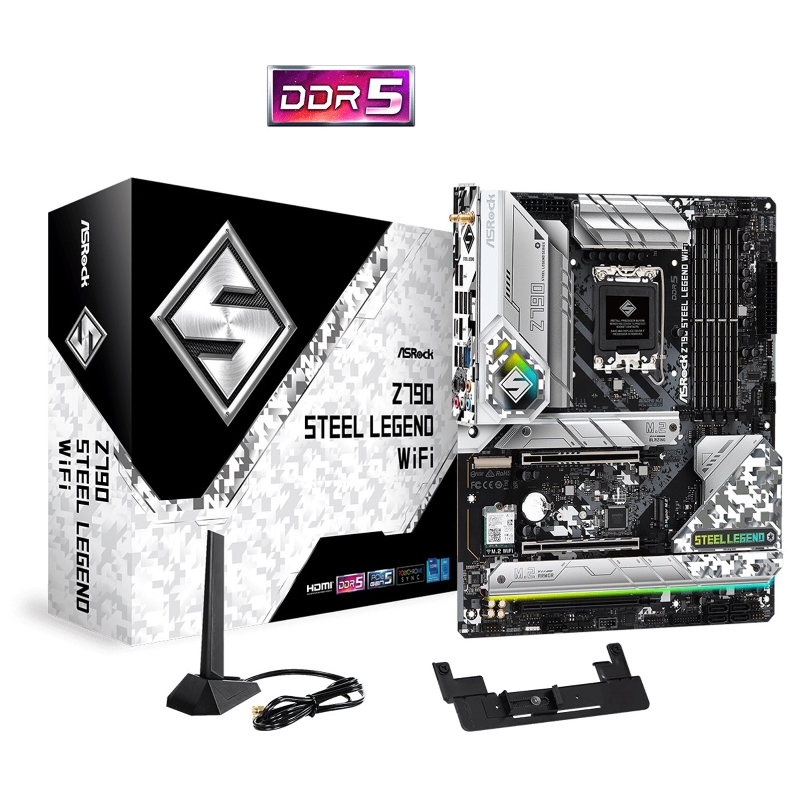 ASRock Z790 Steel Legend WiFi Intel 1700 Socket Motherboard, ATX, 4x DDR5 Slots, 6x M.2 Sockets, 2x USB-C Port, Fitted I/O Shield, 2.5GbE LAN, Wi-Fi 6E, 1x DisplayPort / 1x HDMI Port