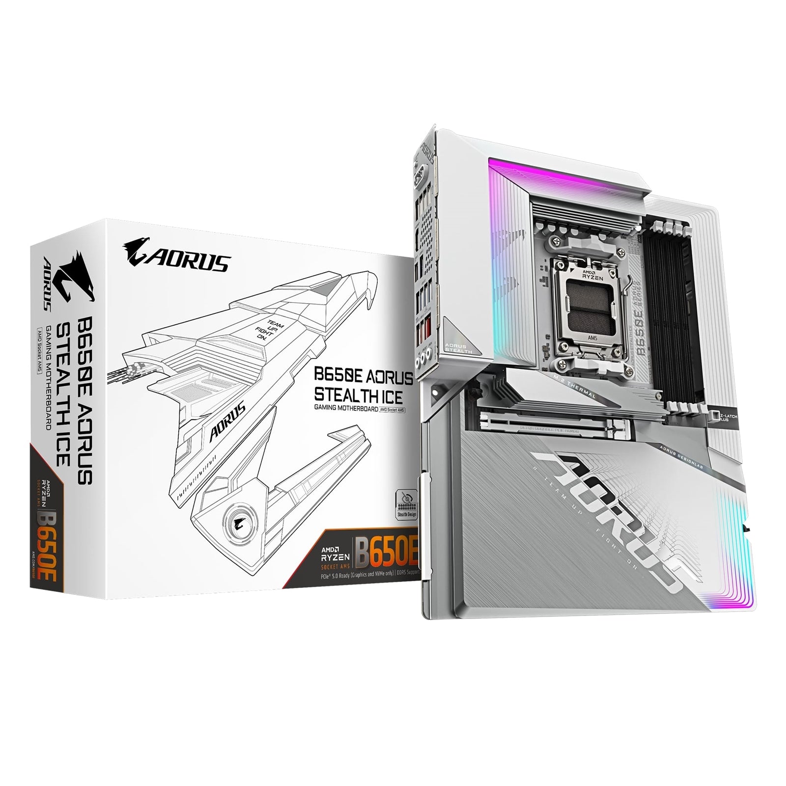 Gigabyte B650E AORUS STEALTH ICE AMD AM5 Socket Motherboard, ATX, 4x DDR5 Slots, 3x M.2 Sockets, 2x USB-C Port, Fitted I/O Shield, 2.5GbE LAN, Wi-Fi 7, 2x HDMI Port / 1x USB-C