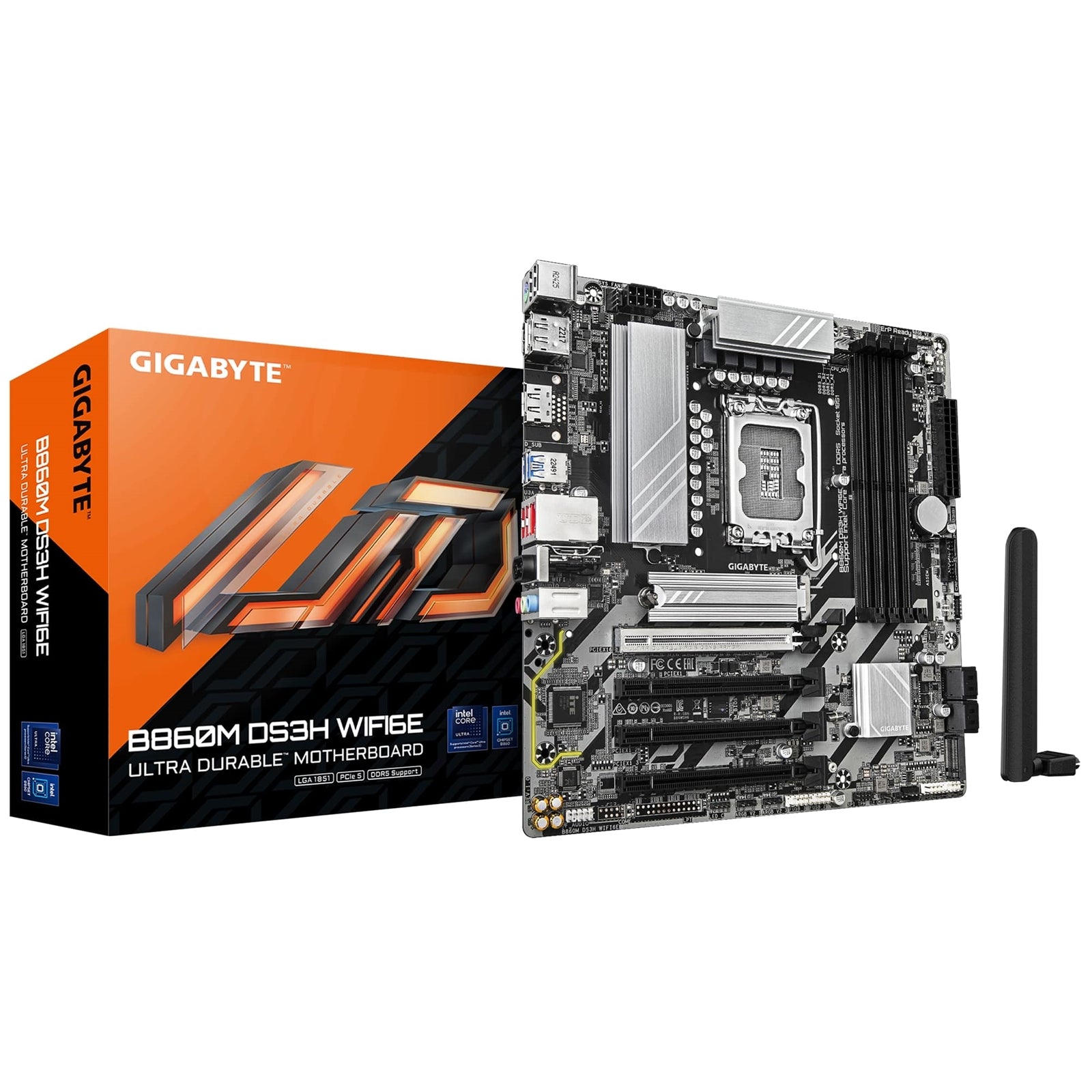 Gigabyte B860M DS3H WIFI6E Intel 1851 Socket Motherboard, Micro-ATX, 4x DDR5 Slots, 2x M.2 Sockets, 1x USB-C Port, 2.5GbE LAN, Wi-Fi 6E, 2x DisplayPorts / 1x HDMI Port