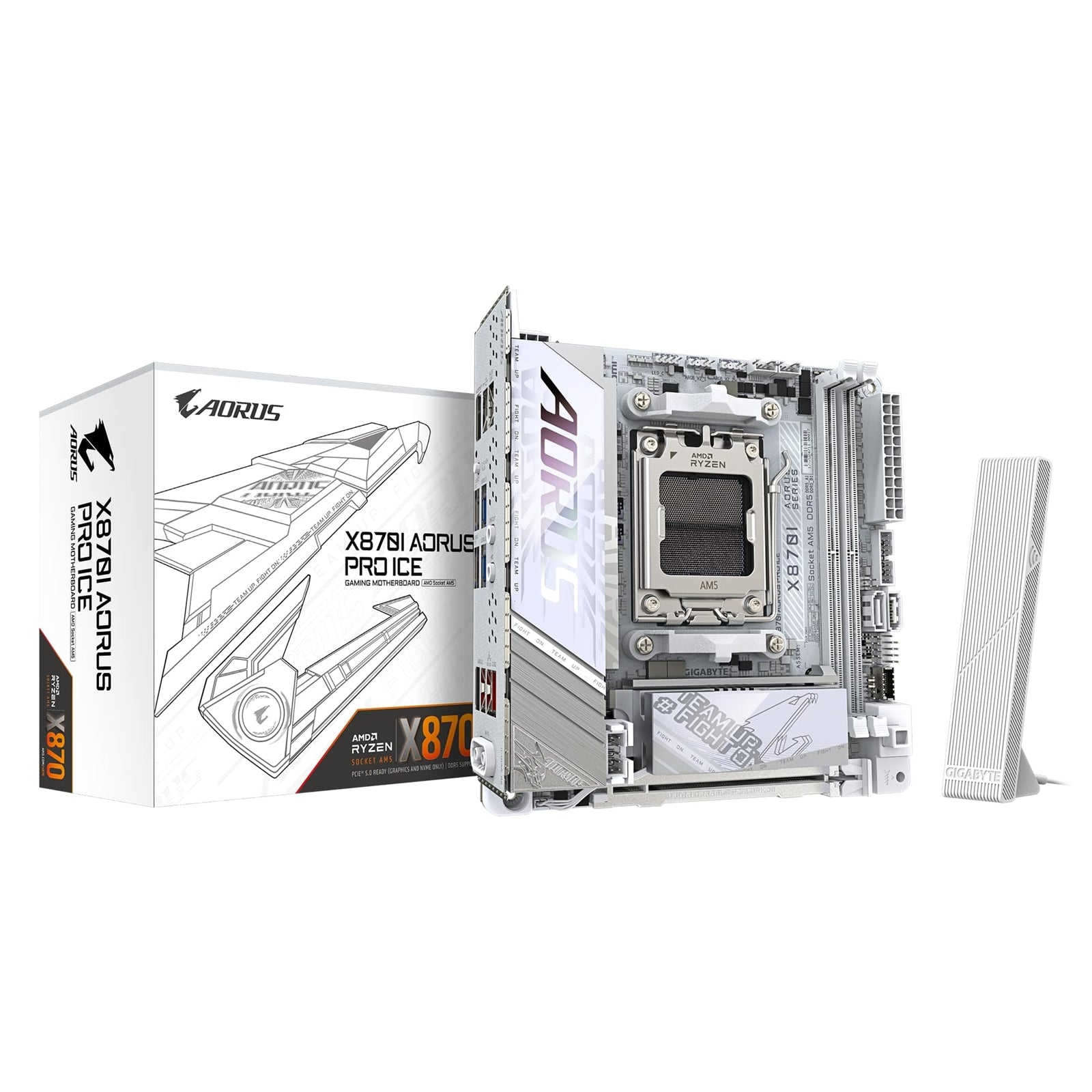 Gigabyte X870I AORUS PRO ICE AMD AM5 Socket Motherboard, Mini-ITX, 2x DDR5 Slots, 2x M.2 Sockets, 3x USB-C Port, Fitted I/O Shield, 2.5GbE LAN, Wi-Fi 7, 1x HDMI Port / 1x USB-C (USB4)