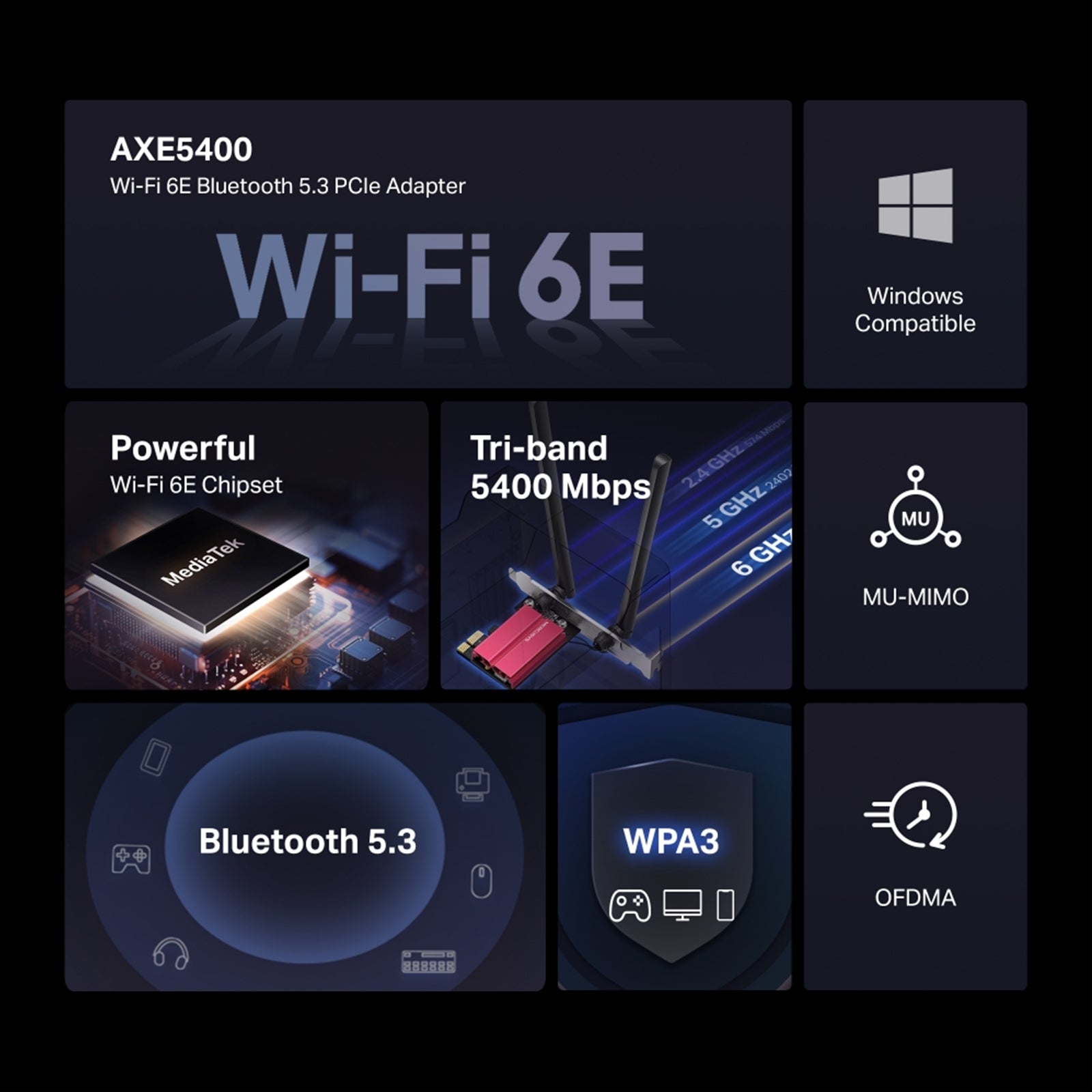 Mercusys MA86XE AXE5400 Tri-Band Wi-Fi 6E Bluetooth PCI Express Adapter