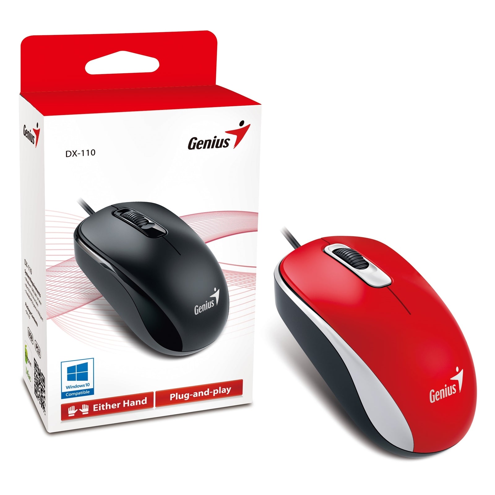 Genius DX-110 Wired USB Plug and Play Mouse, 1000 DPI Optical Tracking, 3 Button with Scroll Wheel, Ambidextrous Design with 1.5m Cable, Red