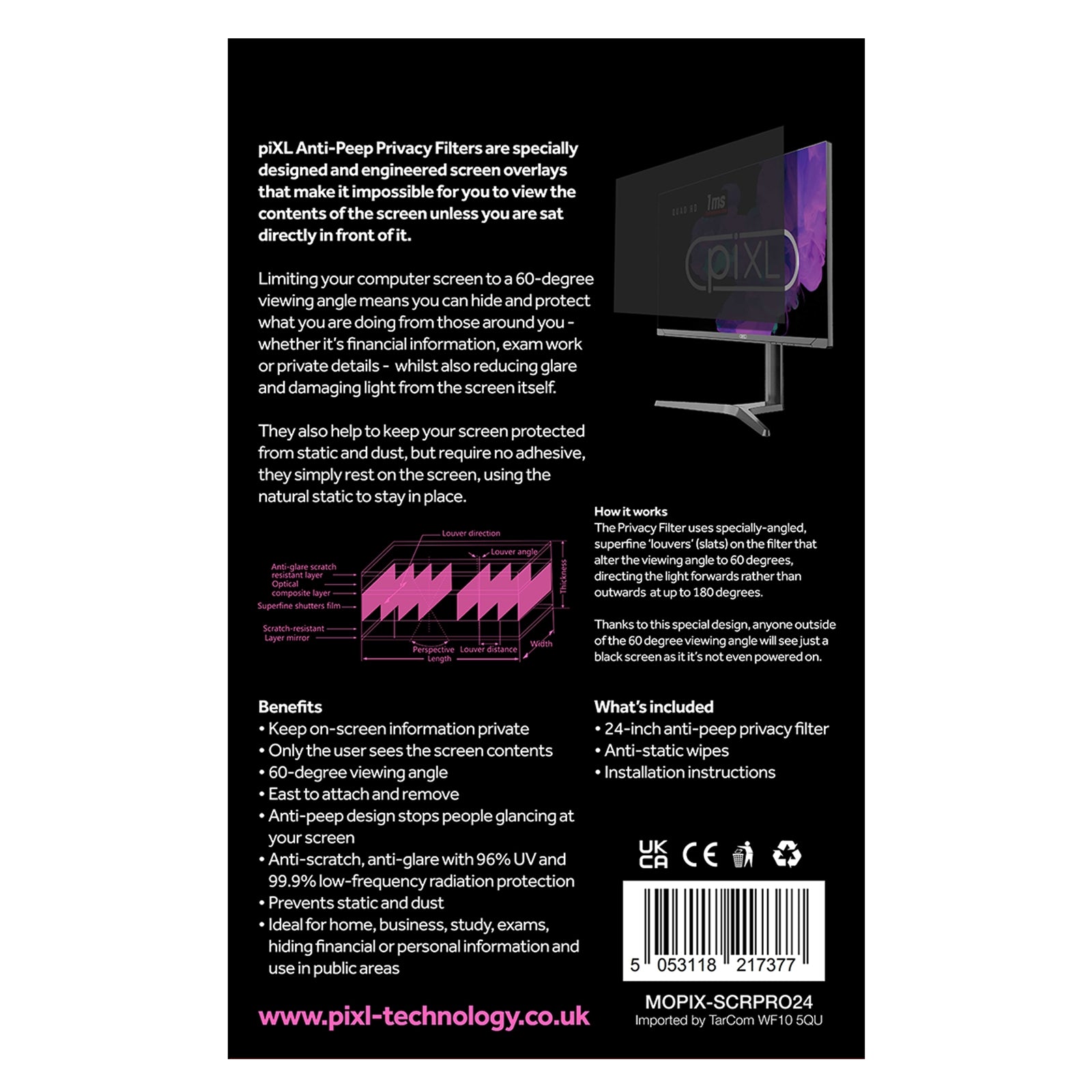 piXL 24-Inch Monitor Privacy Screen/ Privacy Filter, Anti-Glare, Anti-Peep, Anti-Static, Blackout