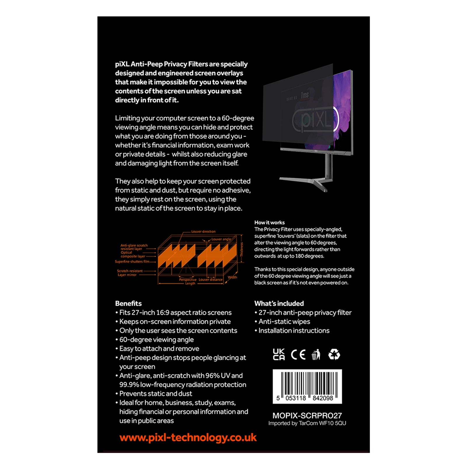 piXL 27 Inch Monitor Privacy Screen/ Privacy Filter, Anti-Glare, Anti-Peep, Anti-Static, Blackout