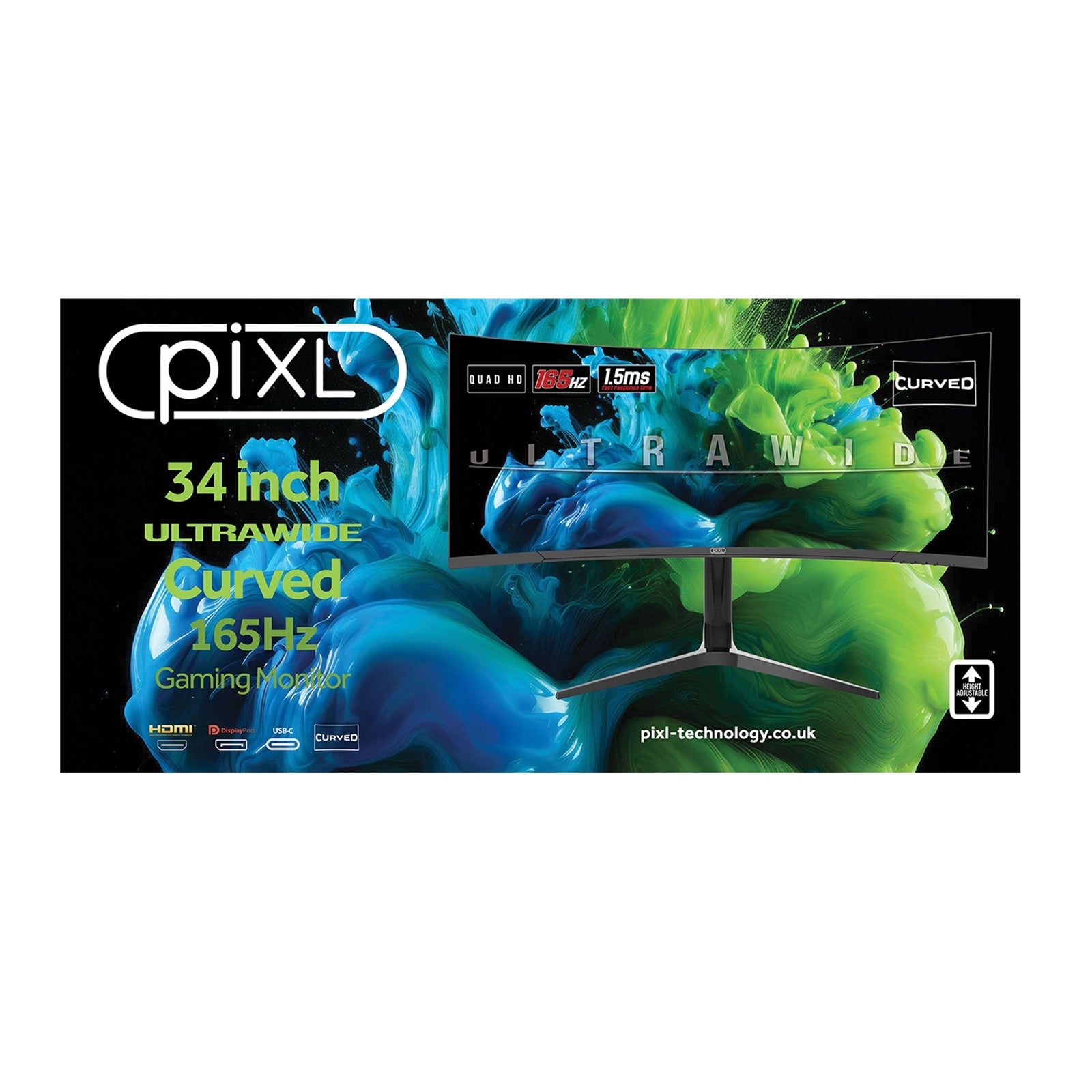 piXL CM34C7 34 Inch Ultrawide Curved Gaming Monitor, 165Hz, 1.5ms Response Time, 3440x1440 Resolution, HDMI, DisplayPort, USB-C, USB-B, USB-A x 2, Audio, R1500 Curve, Height Adjustable, 3 Year Warranty