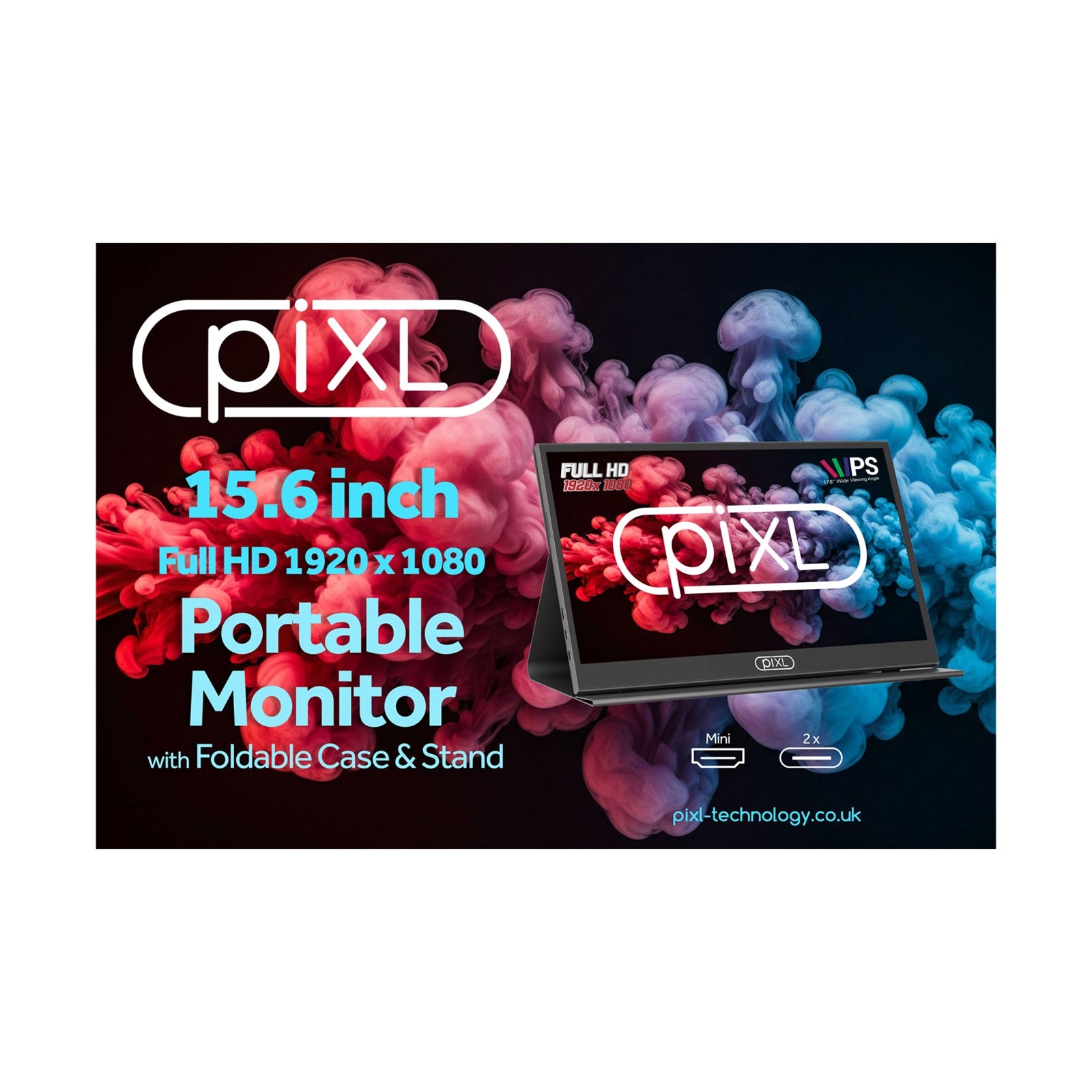 piXL PM156C 15.6 Inch Full HD 60Hz IPS Portable Monitor with USB-C, Mini HDMI & Speakers with Foldable Case & Stand