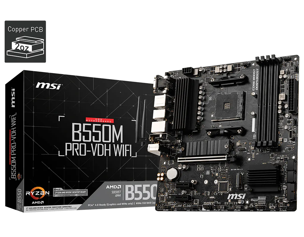 MSI B550M PRO-VDH WIFI, AMD B550, AM4, Micro ATX, 4 DDR4, VGA, HDMI, DP, AC Wi-Fi, GB LAN, 2x M.2