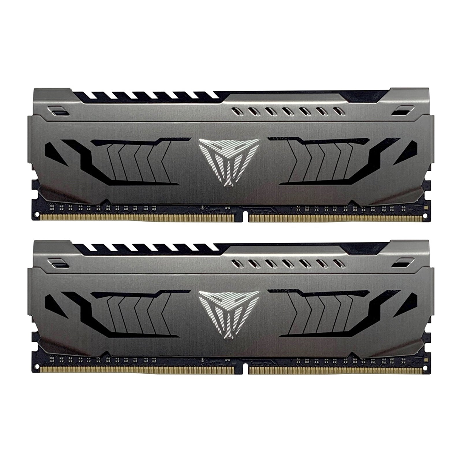 Patriot Viper Steel DDR4 16GB (2x8GB) 3200MHz system memory kit with gunmetal grey heatshield, shown installed in a computer.
